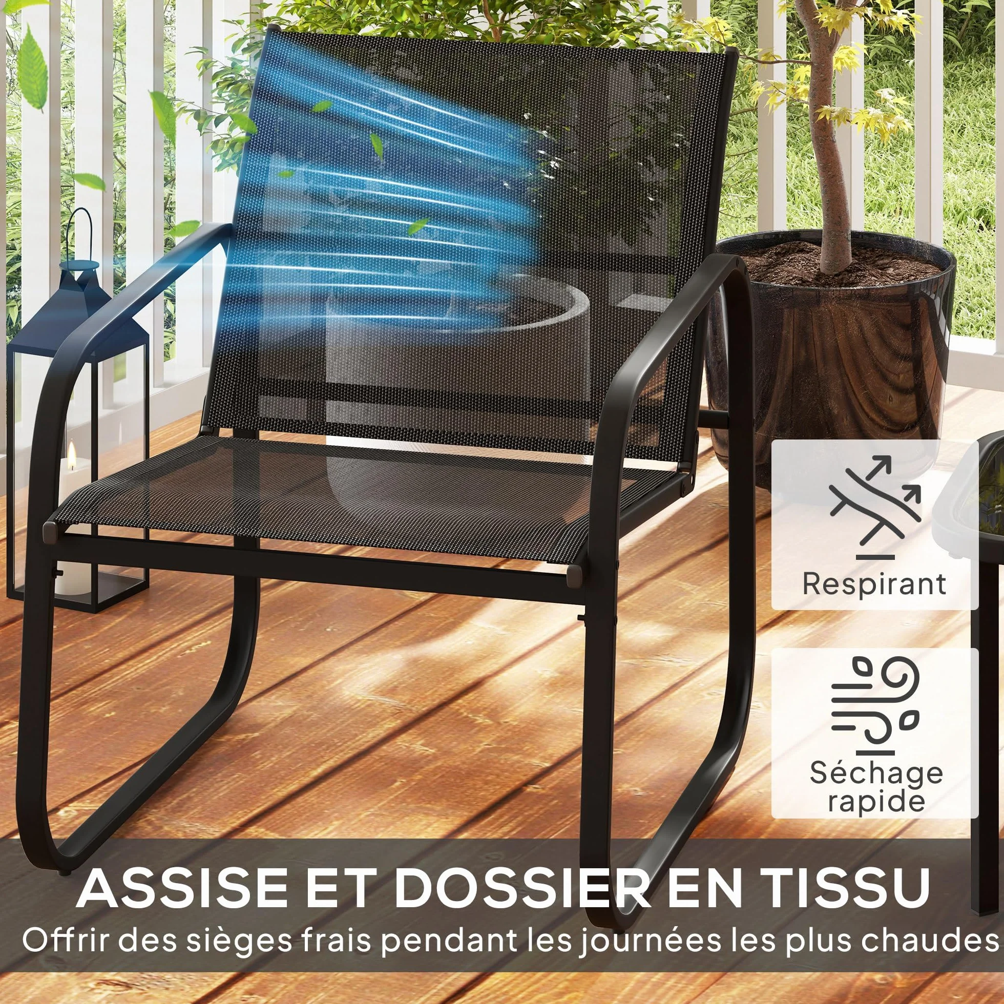 Outsunny Ensemble Bistrot Jardin 3 Pièces, Salon Extérieur 2 Personnes, Chaises Maille Table Basse Verre Trempé Noir