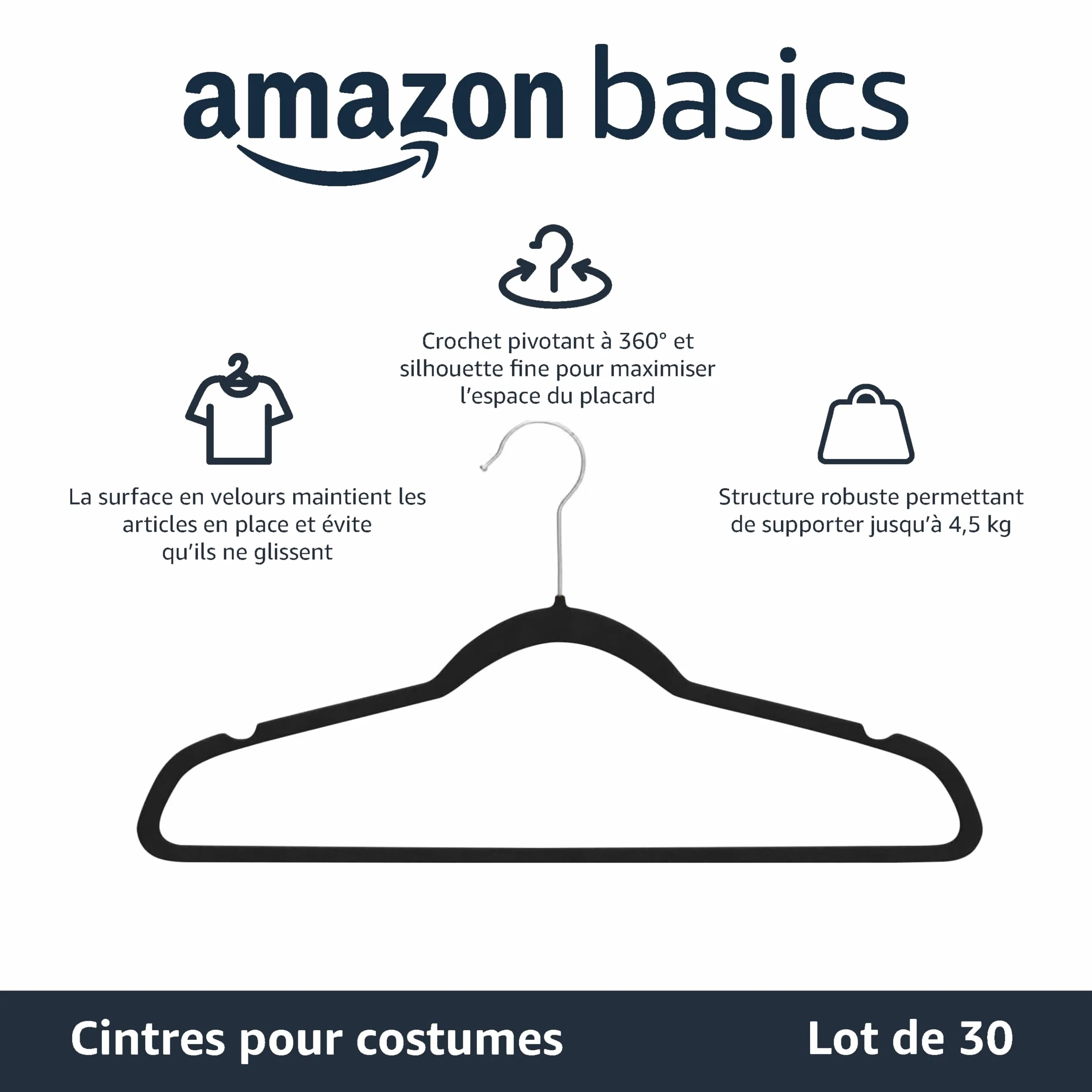 Amazon Basics Lot de 30 cintres en Velours pour Costumes, Noir