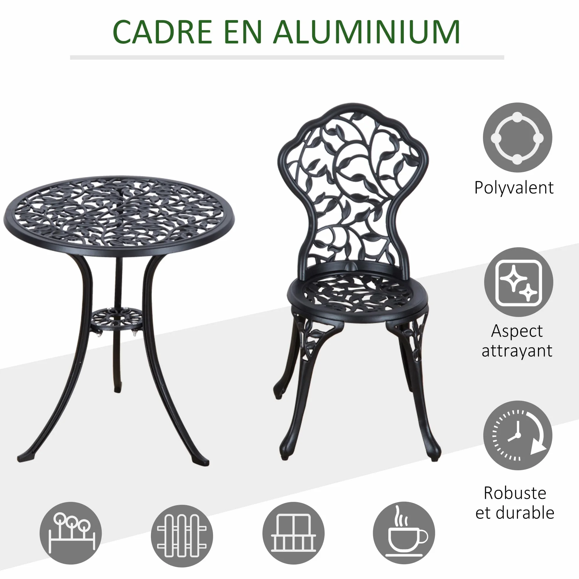 Outsunny Ensemble de bistrot 3 pièces Fonte Aluminium Table Ronde Noir Jardin extérieur
