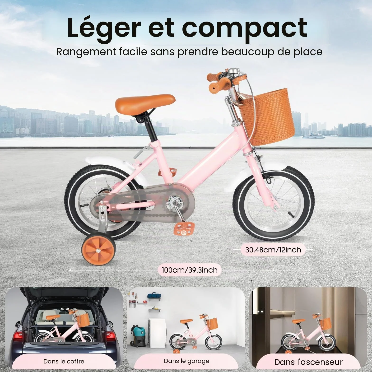 Vélo pour enfant de 12 ", vélo pour enfants à partir de 3 ans, vélo pour enfants avec panier et roues stabilisatrices, siège et guidon réglables en hauteur