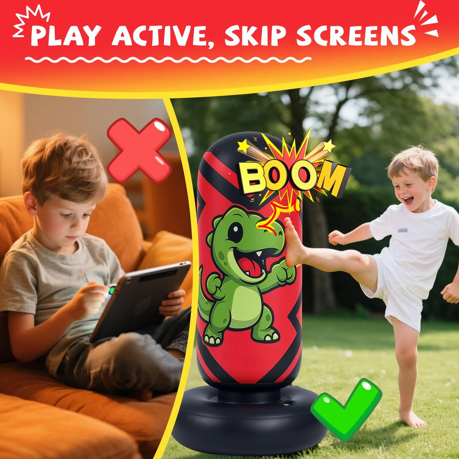 Sac de Frappe Enfant, Qoosea 130cm Punching Ball Enfants avec Gants de Boxe, Gonflable Sac de Boxe, Cadeau Parfait pour Garçons et Filles 3 à 8 Ans pour Karaté, Taekwondo