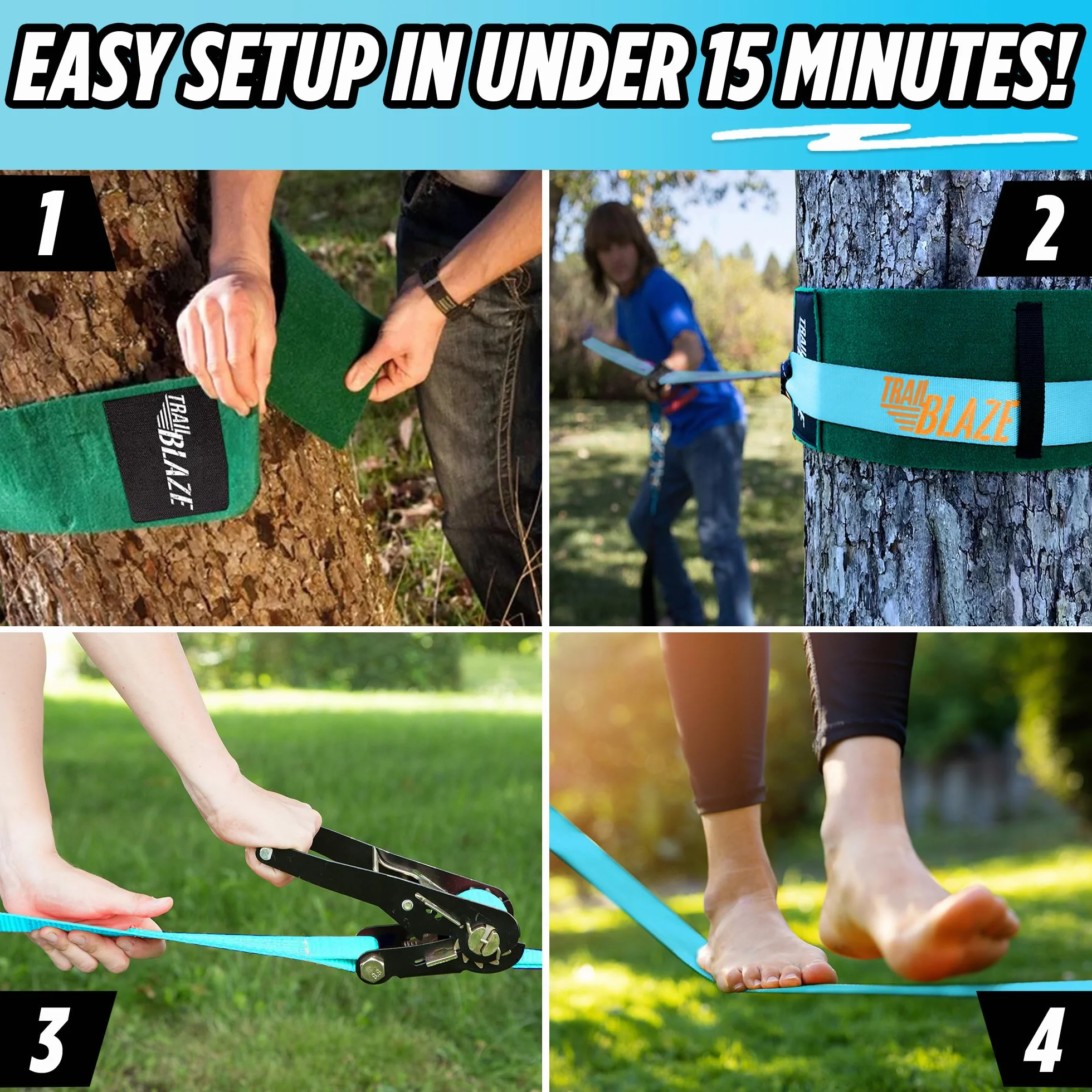 Premium Slackline Kit - Slackline Set 15 m avec Protecteurs d’Arbre Couvertures à Cliquet + Sac de Transport - Parfait Activité Fun en Plein air pour Les Enfants et la Famille