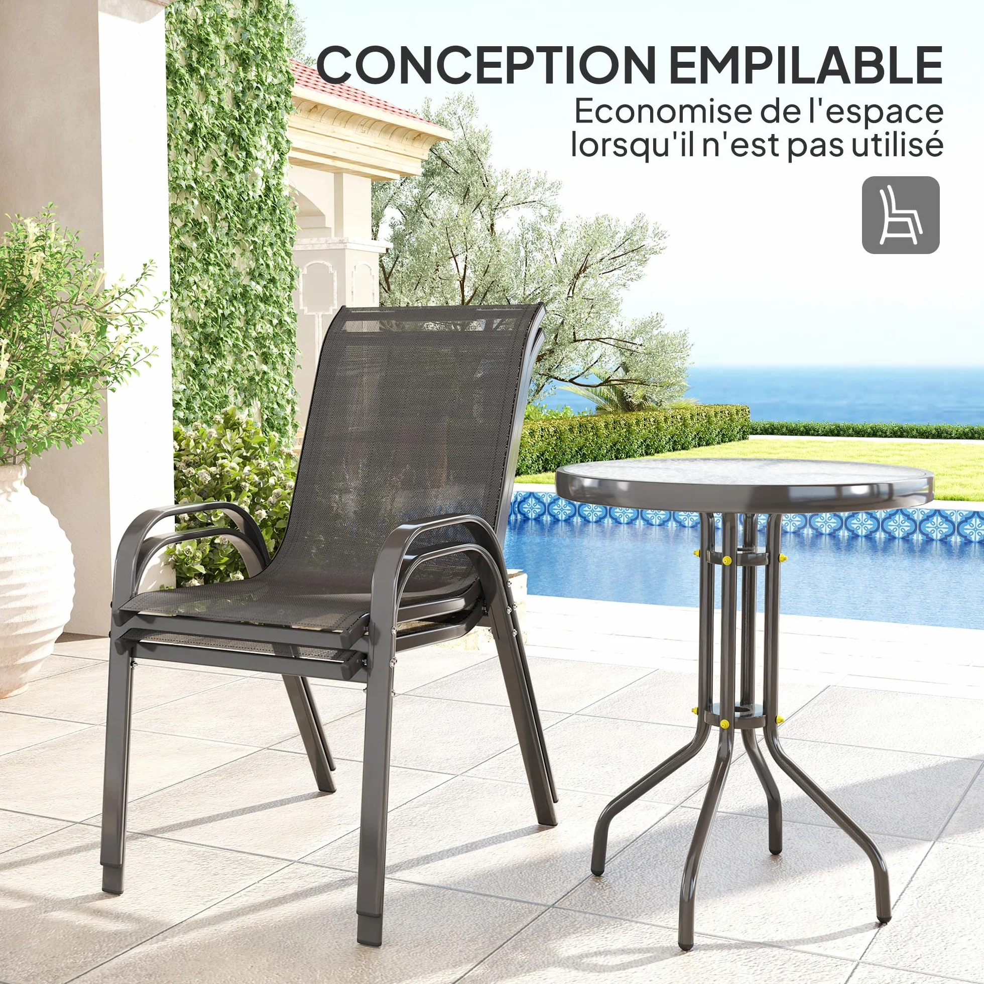 Outsunny 3 pièces Salon de Jardin extérieur Ensemble Meubles 2 fauteuils empilables Table Basse Verre trempé Tissu textilène Noir