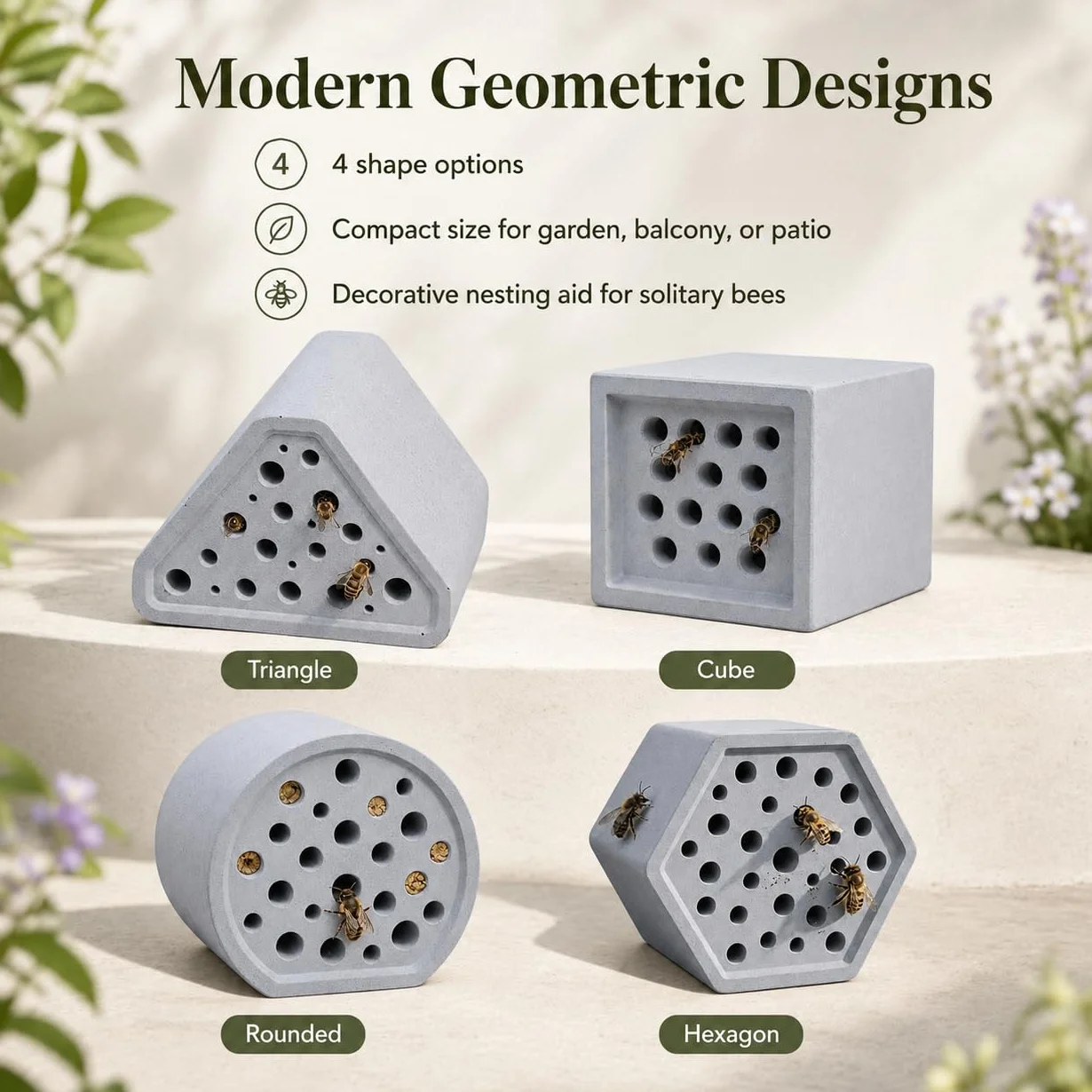 Hôtel à abeilles résistant aux intempéries en béton pour jardin, abeilles sauvages compact, aide nidification abeilles maçonnières
