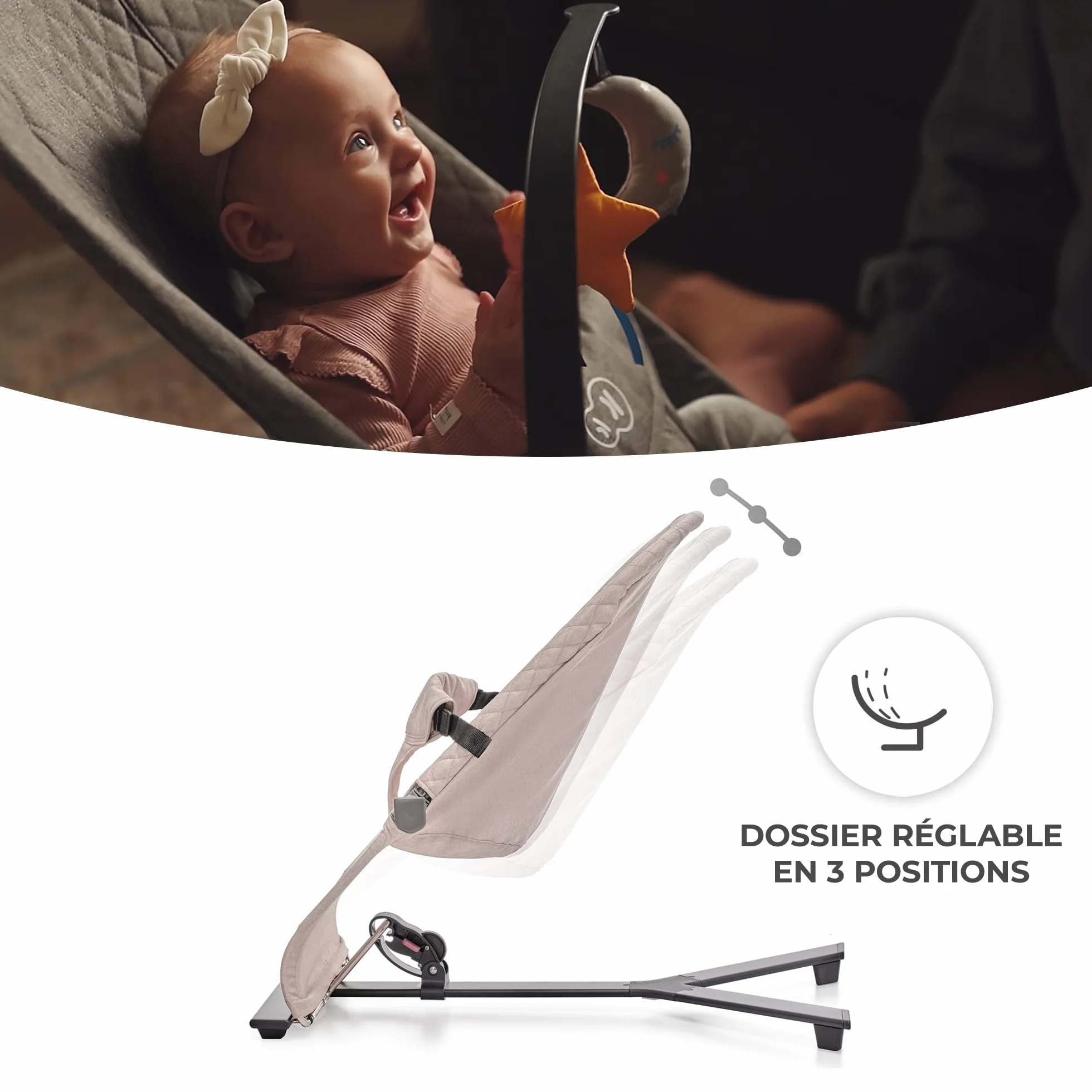 Kinderkraft MIMI Transat bébé, Balancelle, Dossier réglable 3 niveaux, Pliable à plat, Arche jouets, Beige