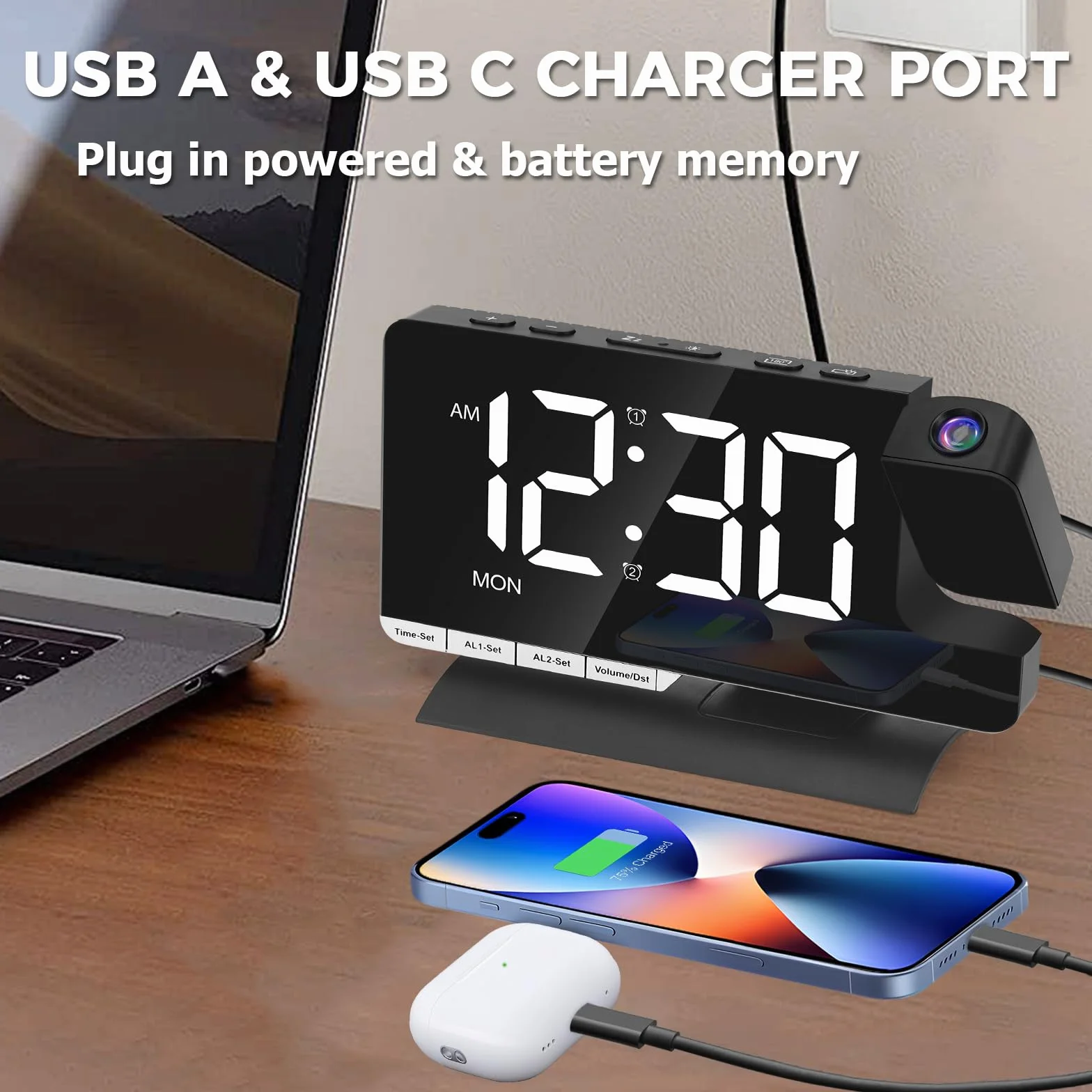 Réveil Projection Plafond Horloge Numérique LED avec Recharge USB, Surface Miroir, Snooze, Rotation 180°, Mode Inversé, Réglage Luminosité 12H/24H