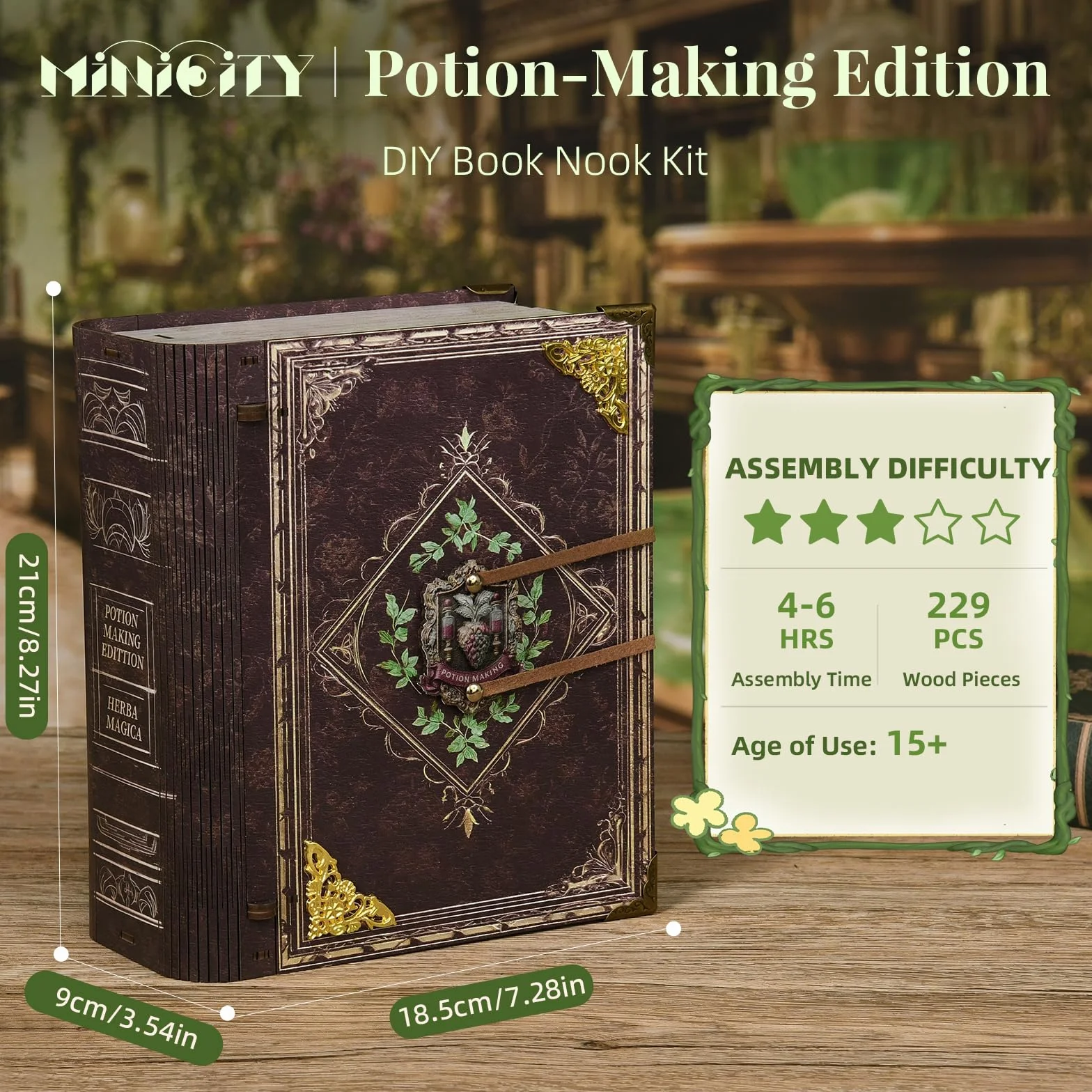 MiniCity Kit Book Nook Puzzle miniature en bois avec lumières LED 3D Maison de poupée Serre-livres Cadeaux créatifs édition Potion-Making