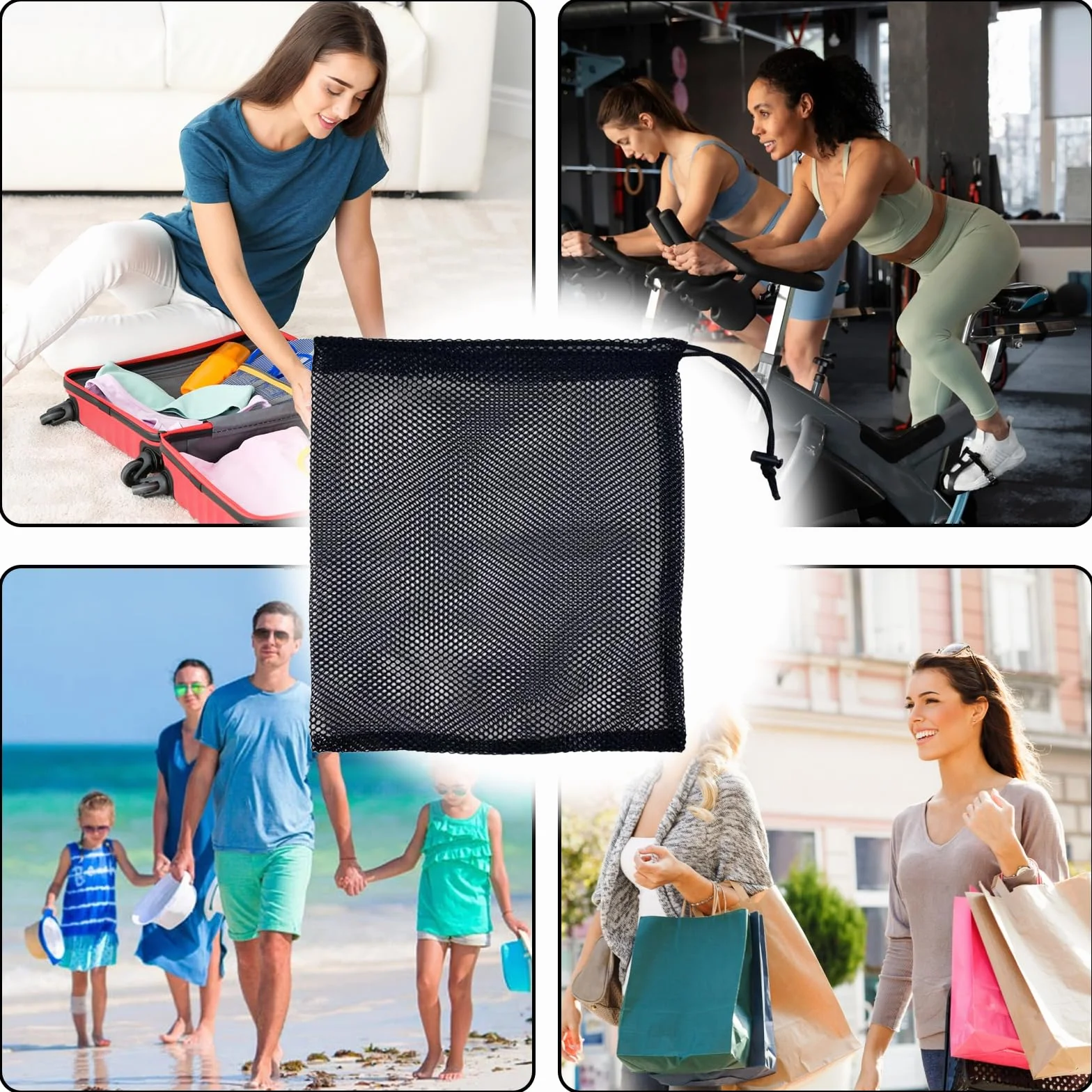 Lot de 4 Sac Noir Solide en Maille Filet,Sacs à Cordon en Maille,Sacs de Rangement à Cordon,Grand Organiseur de Plage,Sac en Nylon Léger,pour Voyages,Maquillage,Sport,Articles de Plage