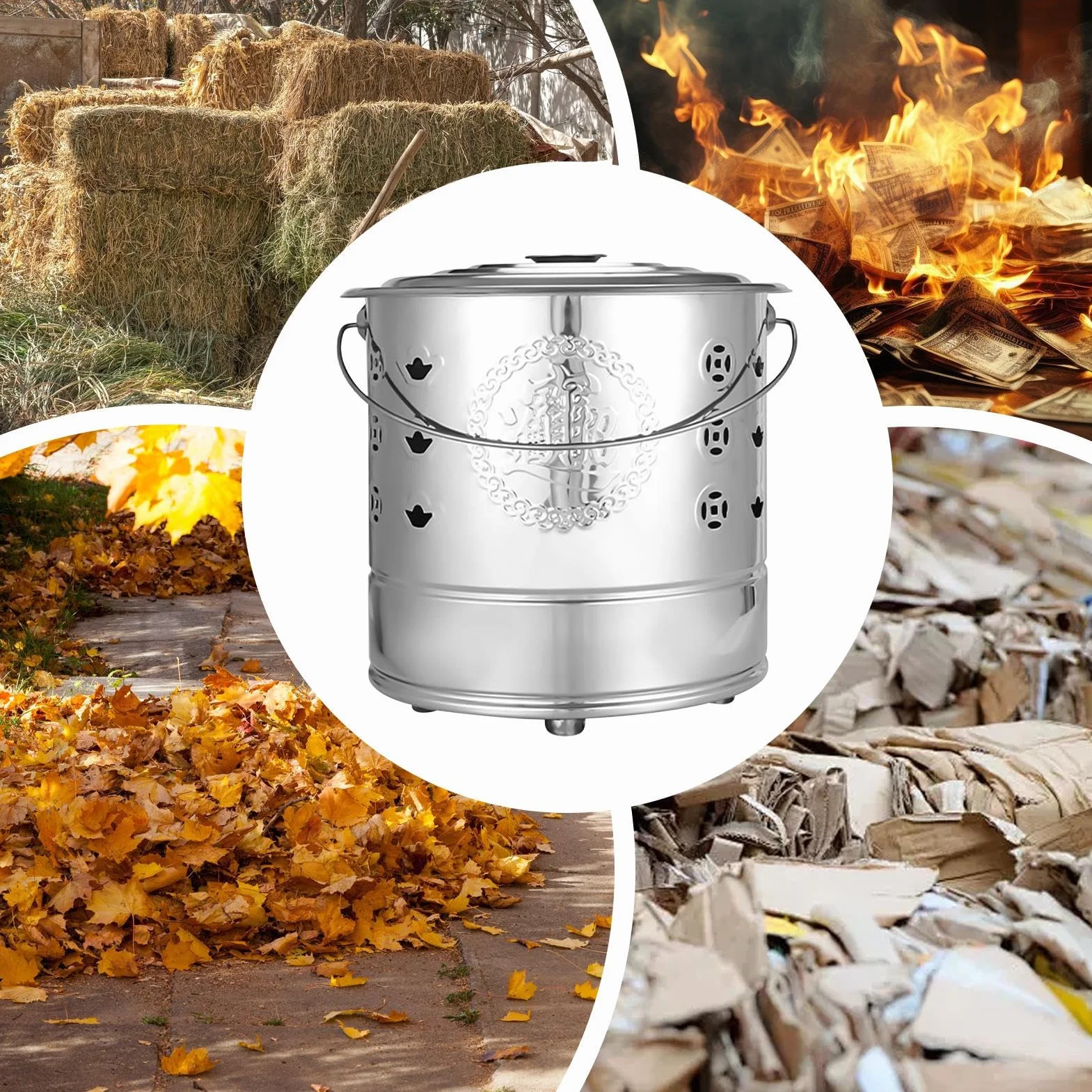 Burn Barrel Seau en Papier Inoxydable avec Poignée de Transport pour Feuilles Débris Bois Conteneur à Feu Extérieur Durable