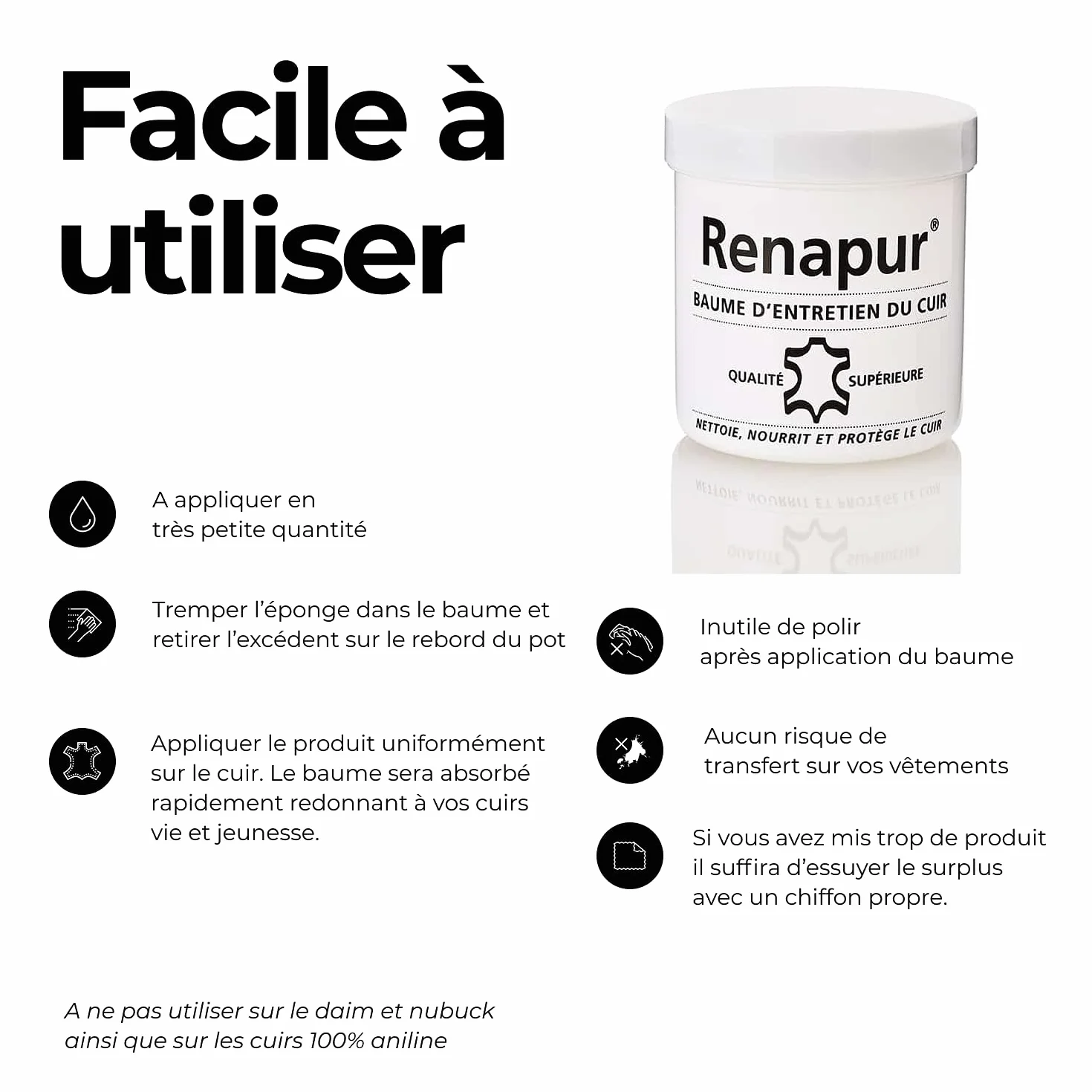 Renapur Baume d'entretien pour le cuir 220ML + 2 éponges (marque Française)