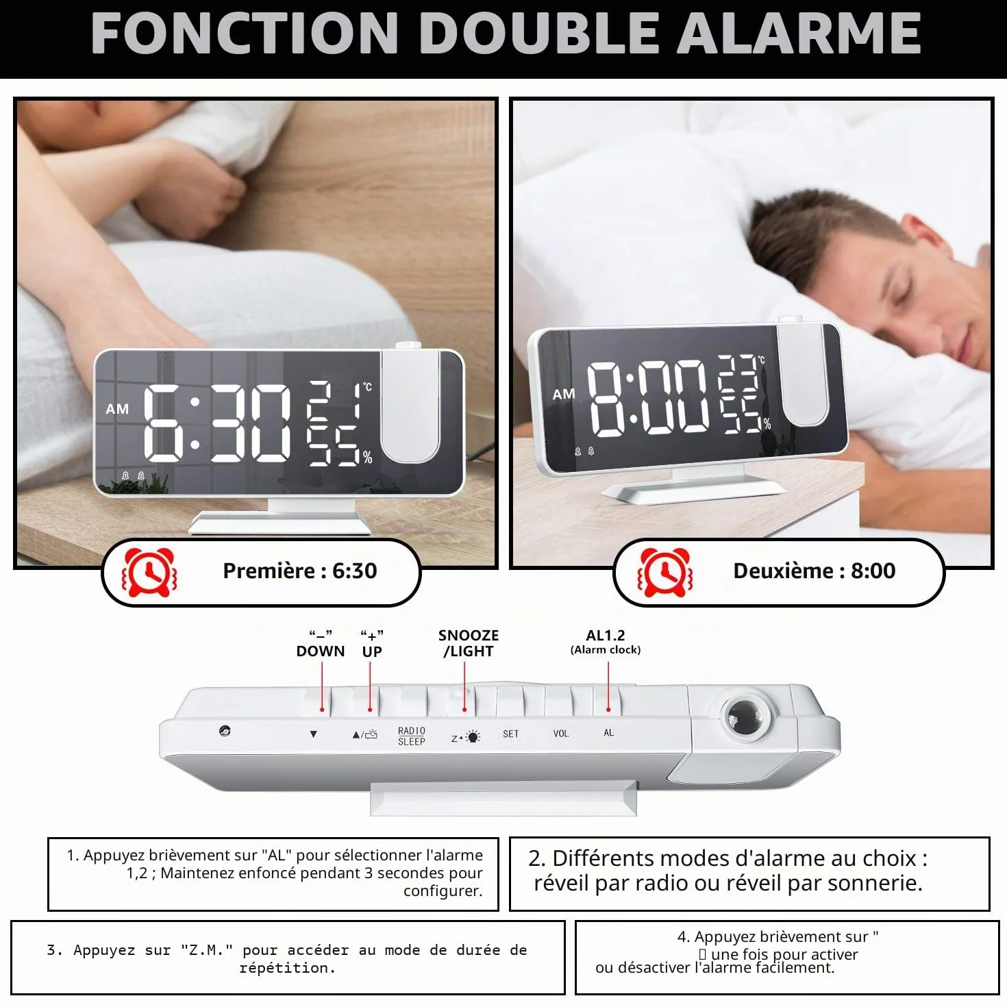 Réveil à Projection 180° Plafond Horloge Numérique Électrique Fonction Snooze 12/24H Volume Réglable Blanc