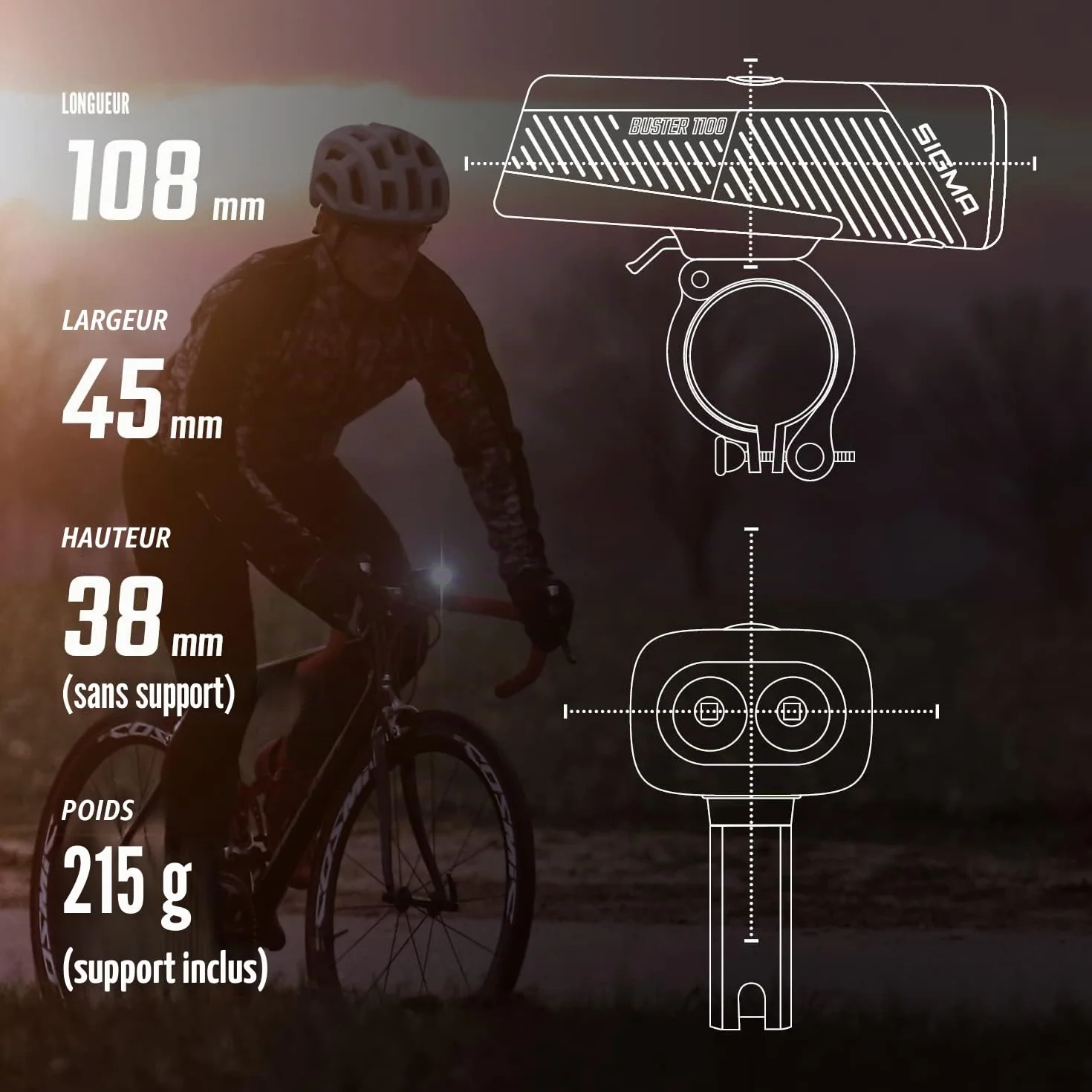 SIGMA Sport - Buster 1100 | Éclairage vélo Avant de 1100 lumens | Lumière Avant Rechargeable avec Cinq Modes d'éclairage | avec Fonction « Quick Release » pour Fixation Rapide