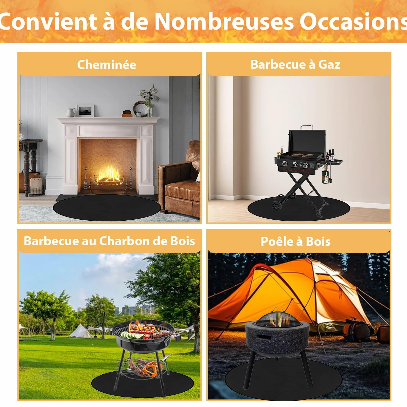 Qivine Tapis Barbecue Sol Exterieur 120cm Résistant à Chaleur Ignifuge Rond