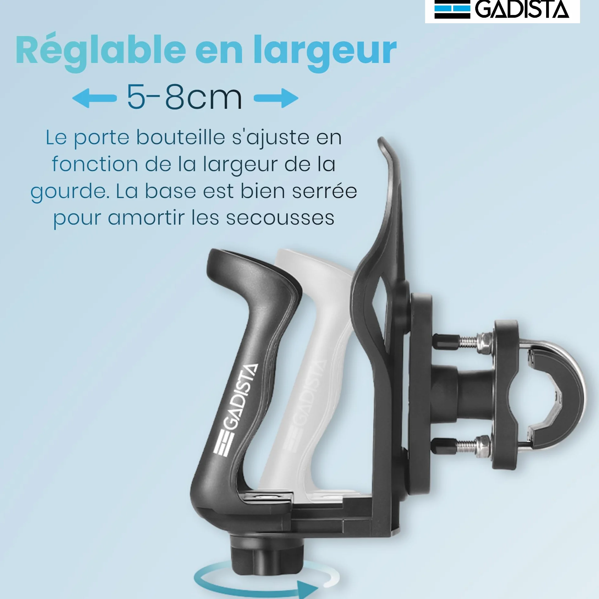 GADISTA France, Porte bidon Velo/Moto/Trott, Porte Gourde VTT, pour Bouteilles de 48-80 mm, Barre Horizontale ou Verticale, Maintien Ferme et Sécuritaire, Patins Antidérapants, Installation Facile