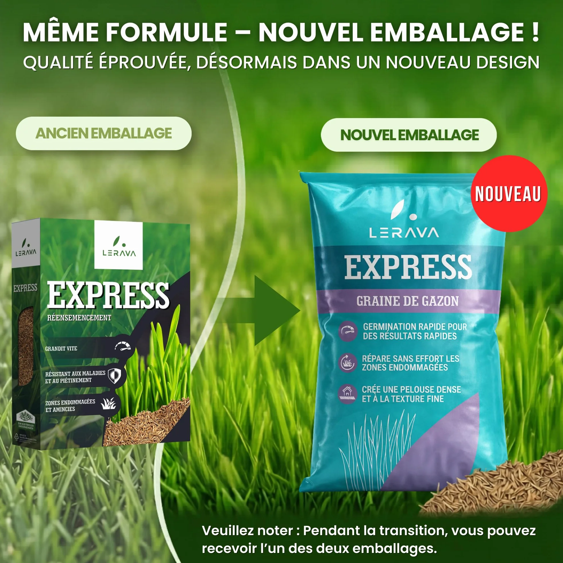 LERAVA Gazon à Semer EXPRESS 30m² Graines de Gazon Regarnissage Rapide Rustique Semence Gazon Ray Grass Résistante Pelouse Dense Jardin Sport Jeux