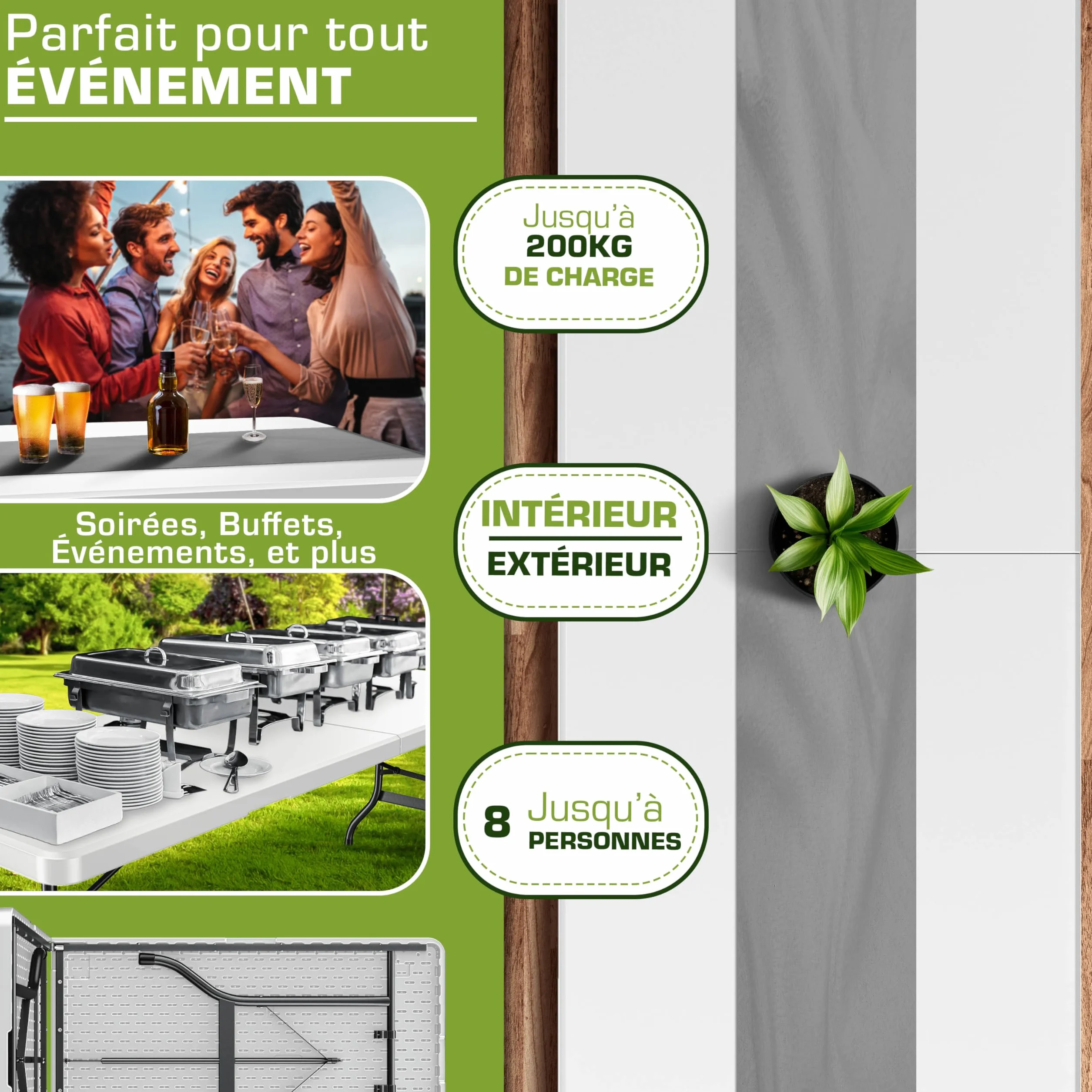 Tillvex Table de Jardin Pliante en Plastique 180x75 cm avec Poignée 8 Personnes