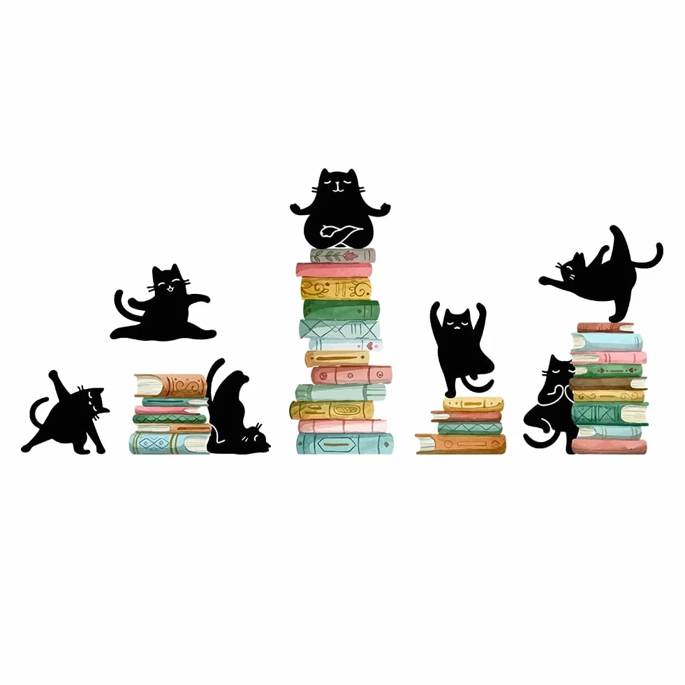 SUPERDANT Stickers Muraux Lecture Autocollant Décoratif Chat Noir Yoga Livres 80x78cm