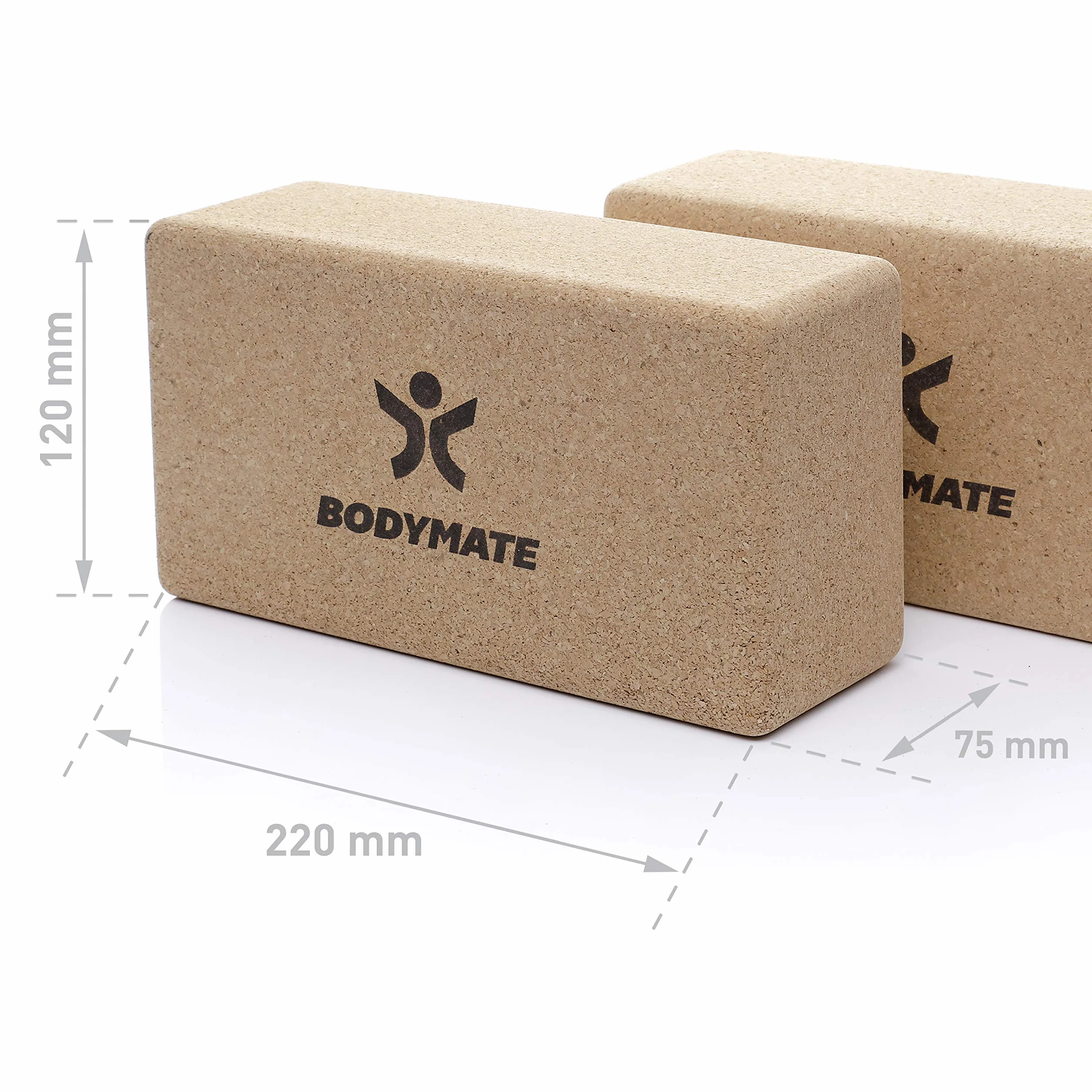 BODYMATE Lot de 2 blocs de yoga en liège 100% naturel et écologique, support pour asanas, méditation, exercices de relaxation, pour débutants et pro, 22 x 12 x 7,5 cm