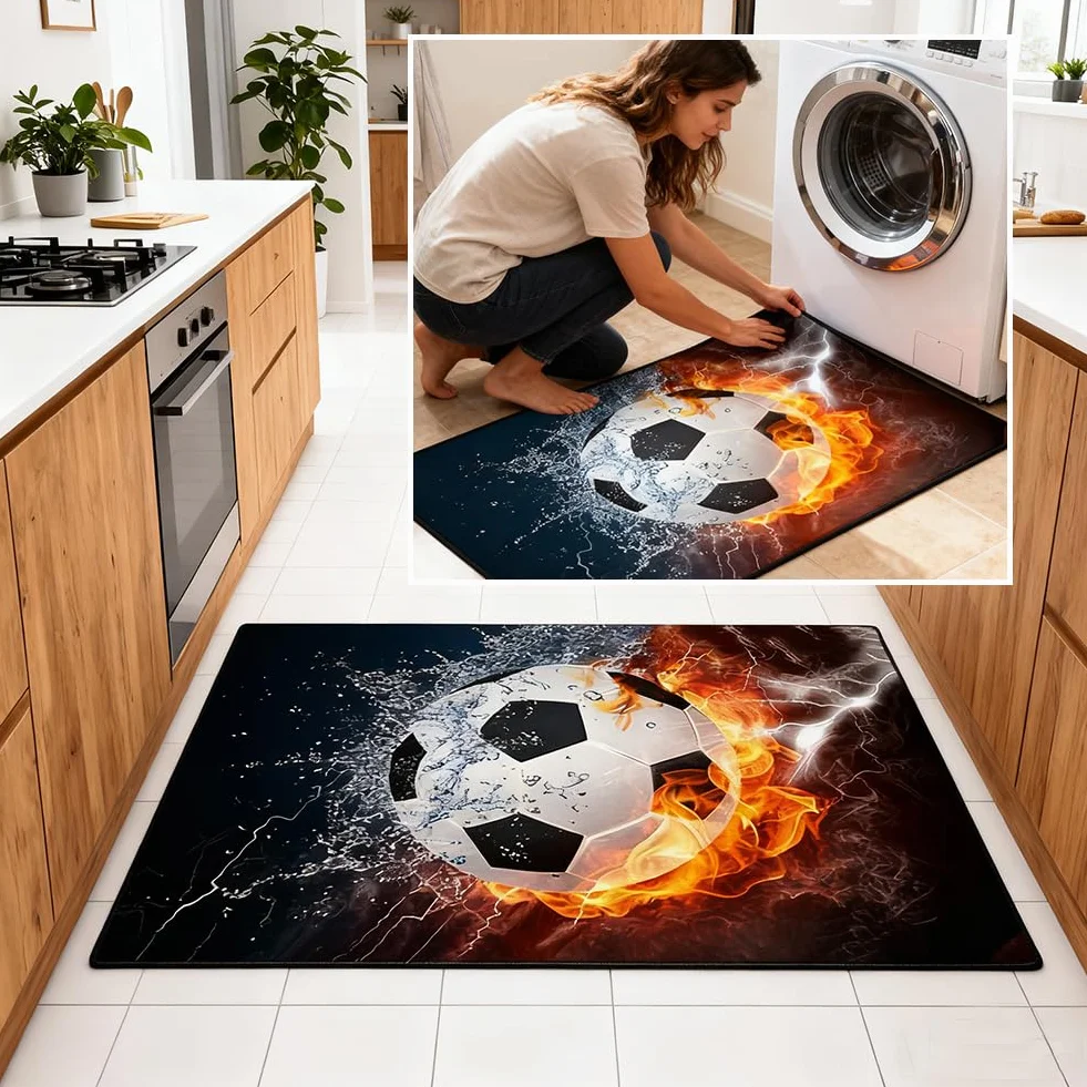 Tapis de Football Moquette Flamme Glace Motif Ballon Décoration Salon 80x120cm