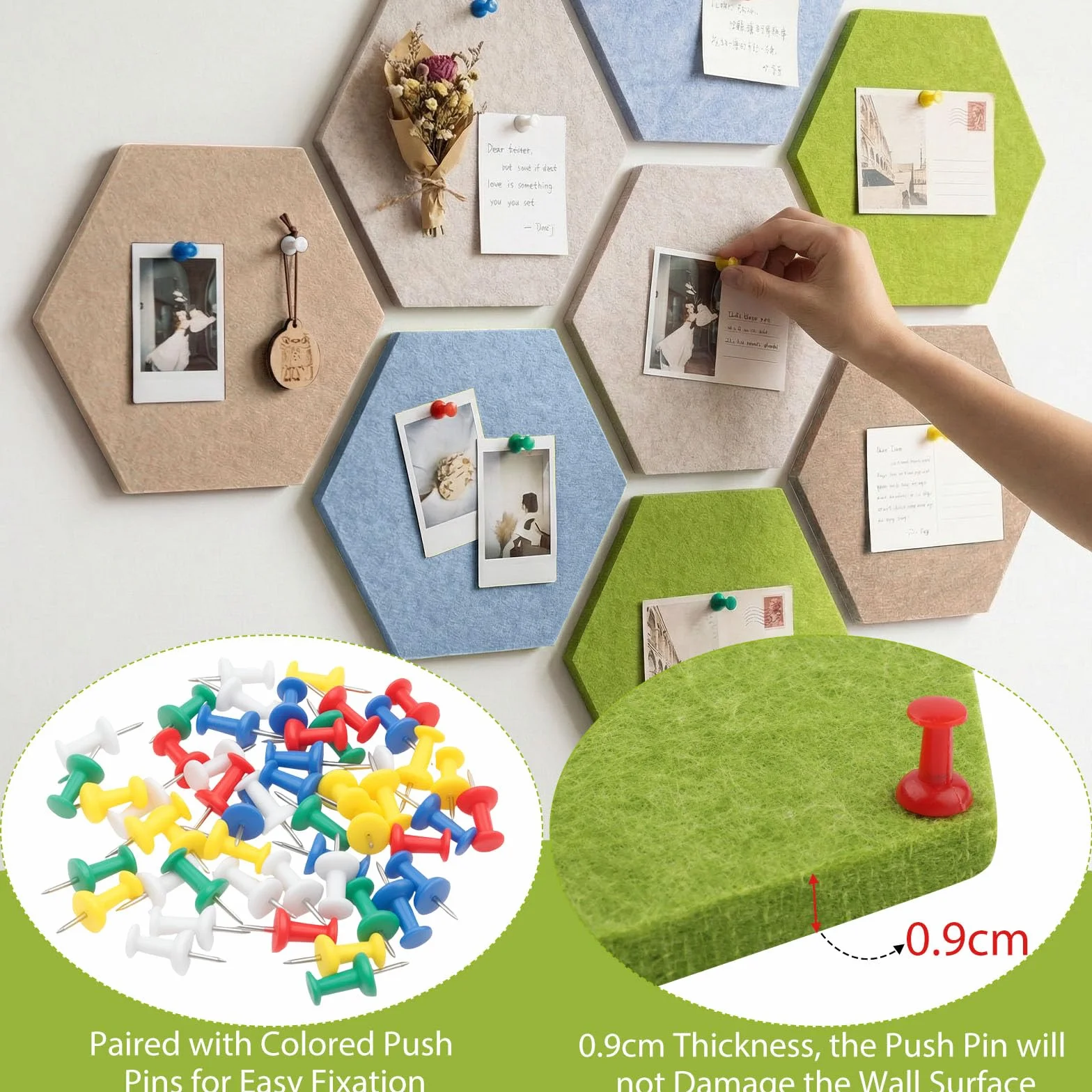 Tableau d'affichage en feutre hexagone 8 pièces avec 50 punaises murales autocollantes pour photos décoration