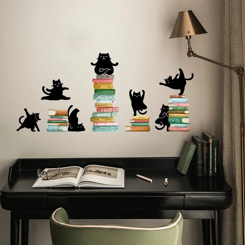 SUPERDANT Stickers Muraux Lecture Autocollant Décoratif Chat Noir Yoga Livres 80x78cm