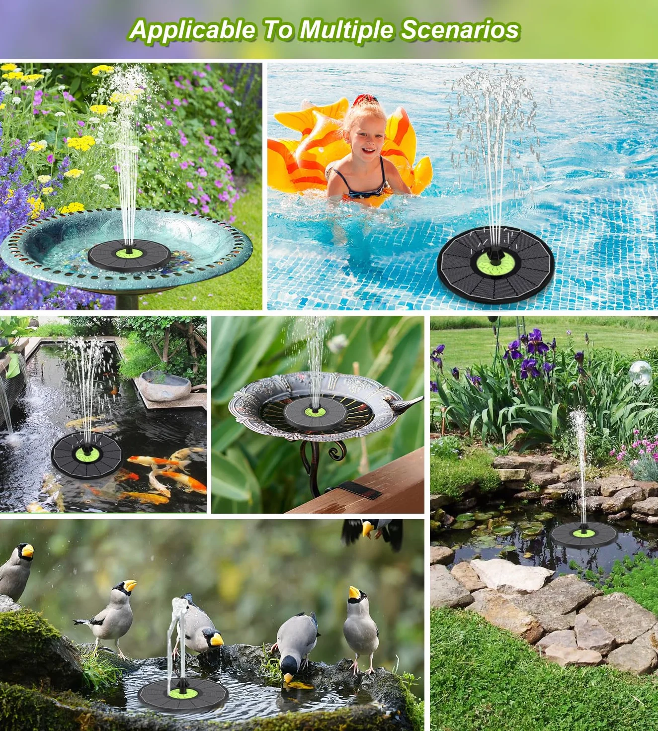 Fontaine Solaire Extérieur 3.5W Flottante Pompe Bassin Solaire Verre 7 Buses 4 Tiges Fixes Noir