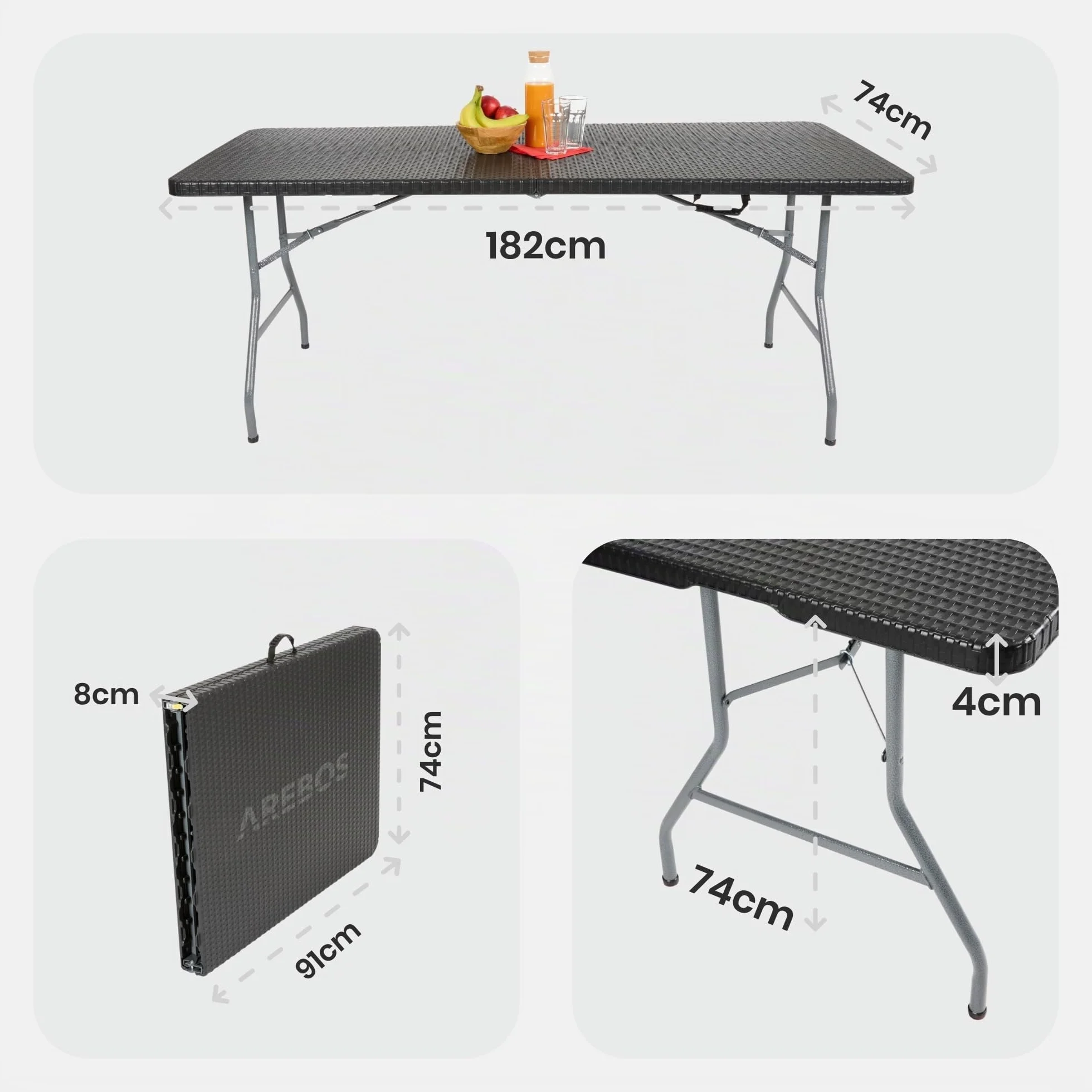 AREBOS Table de Buffet Pliable 182 x 74 x 74 cm Aspect rotin Résistant aux intempéries 8 Personnes