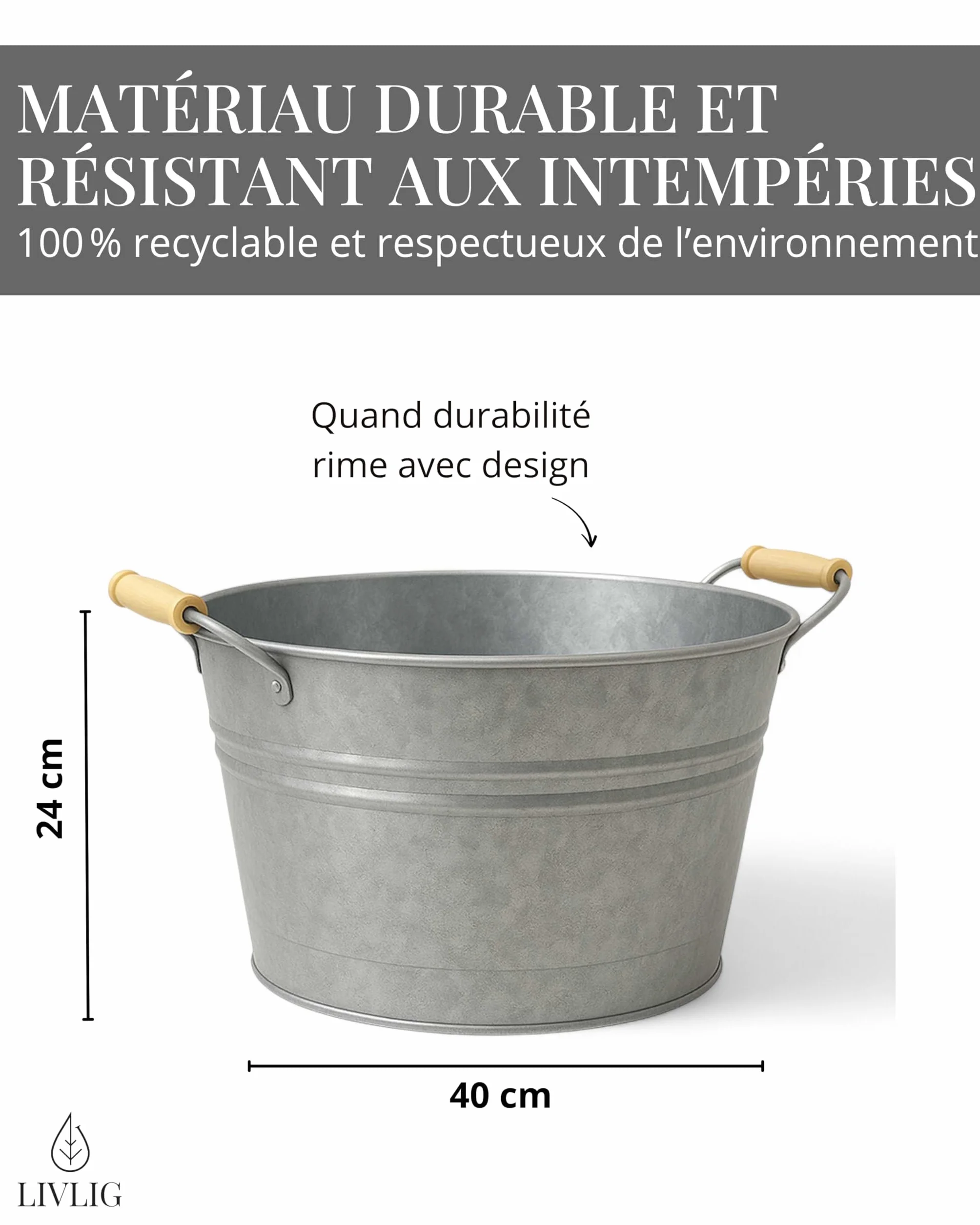 LIVLIG Baignoire en zinc 40 cm 30 l Argenté Jardin