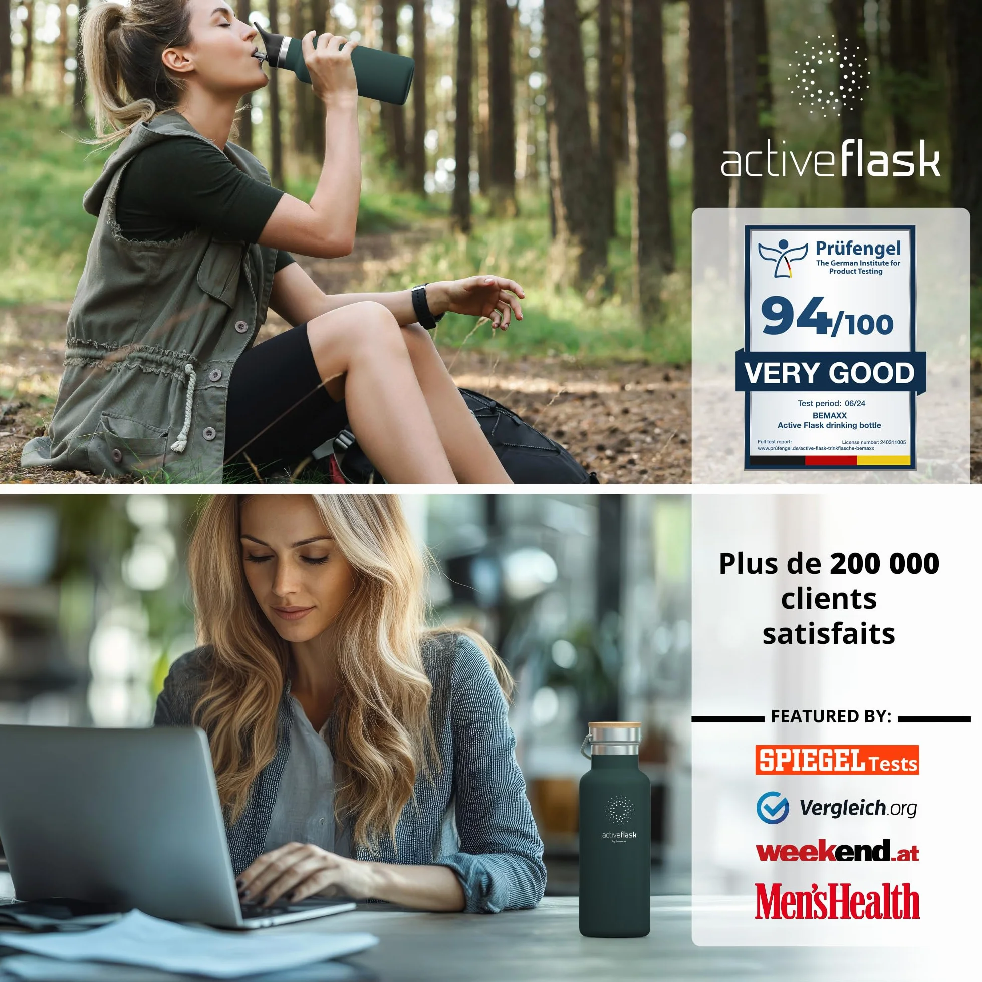 Gourde Inox Isotherme ACTIVE FLASK 1l/500ml sans BPA + Paille (3 Bouchons) | Bouteille d’eau Acier Inoxydable Isolée, Thermos Réutilisable | Camping Velo Sport Running Randonnée Enfant, Café The