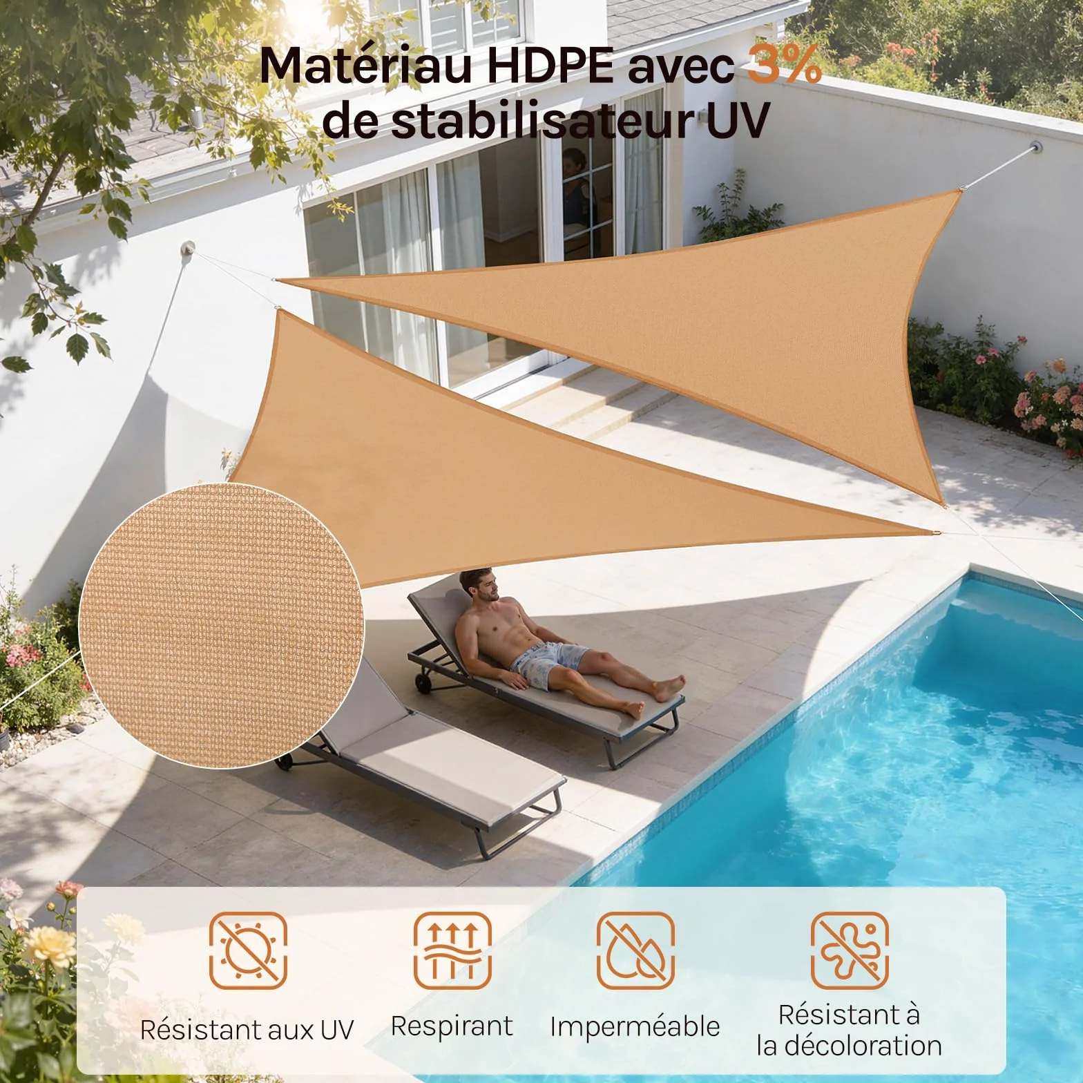 WOLTU Voiles d'ombre Triangle 3.6x3.6x5.1 m HDPE Respirante Protection Solaire Anti-UV 85% Vent