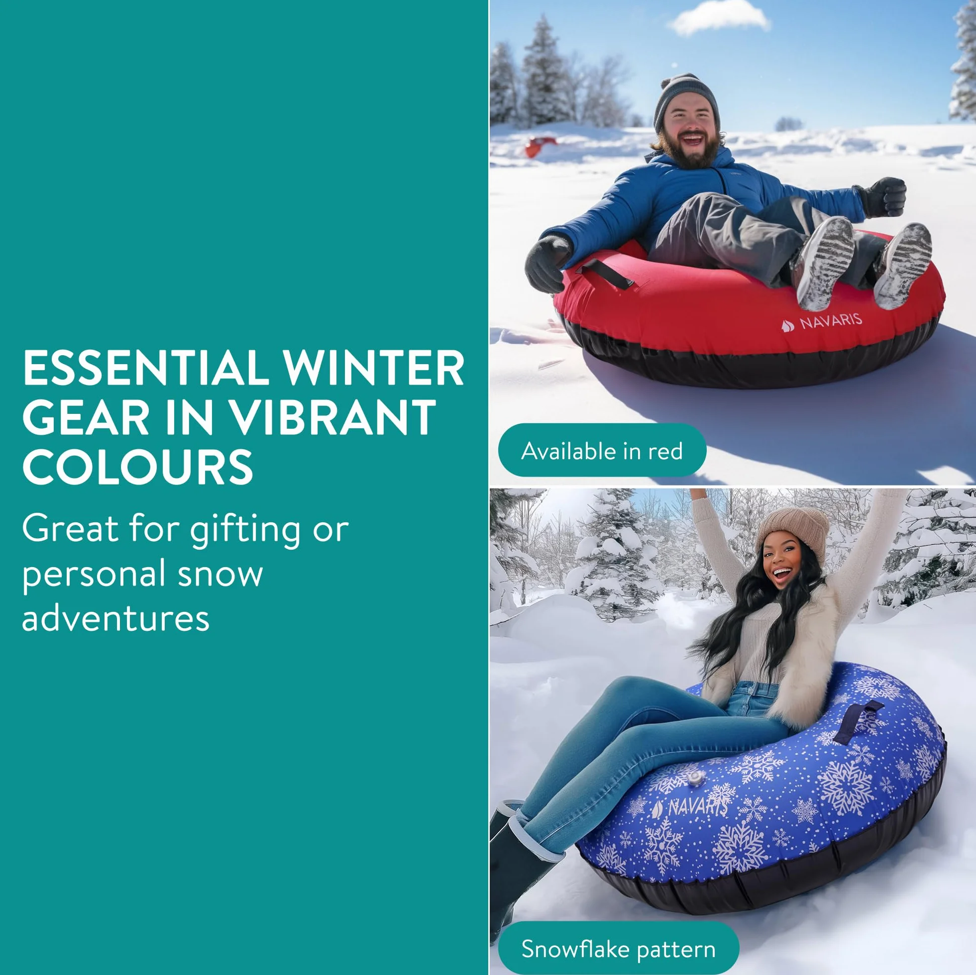 Navaris Tube à Neige Gonflable - Luge Gonflable 100 cm en Polyester avec Sangle de remorquage et poignées intégrées - Charge maximale 90 kg