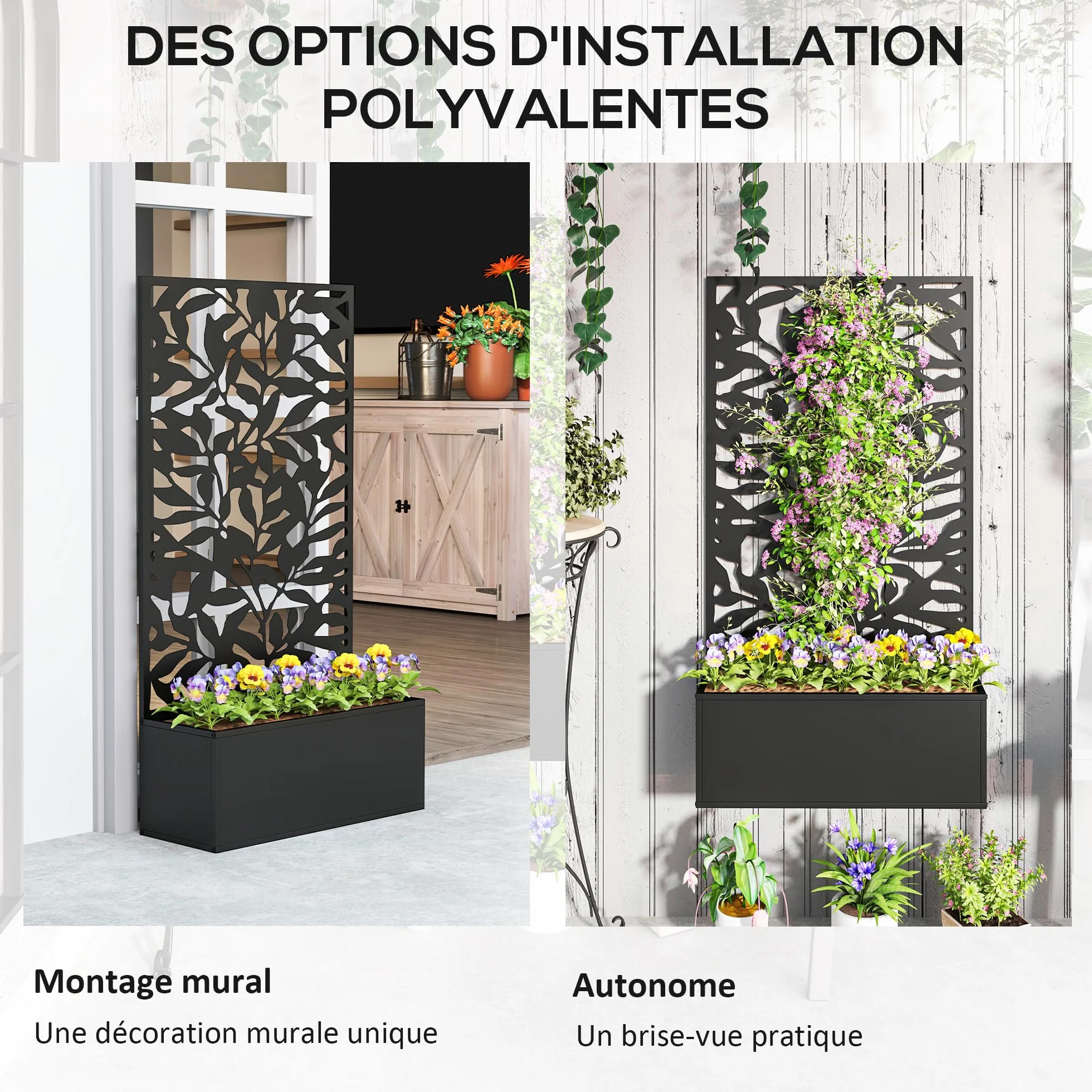 Outsunny Jardinière avec Treillis Brise-Vue Métal 61x23x113cm Noir