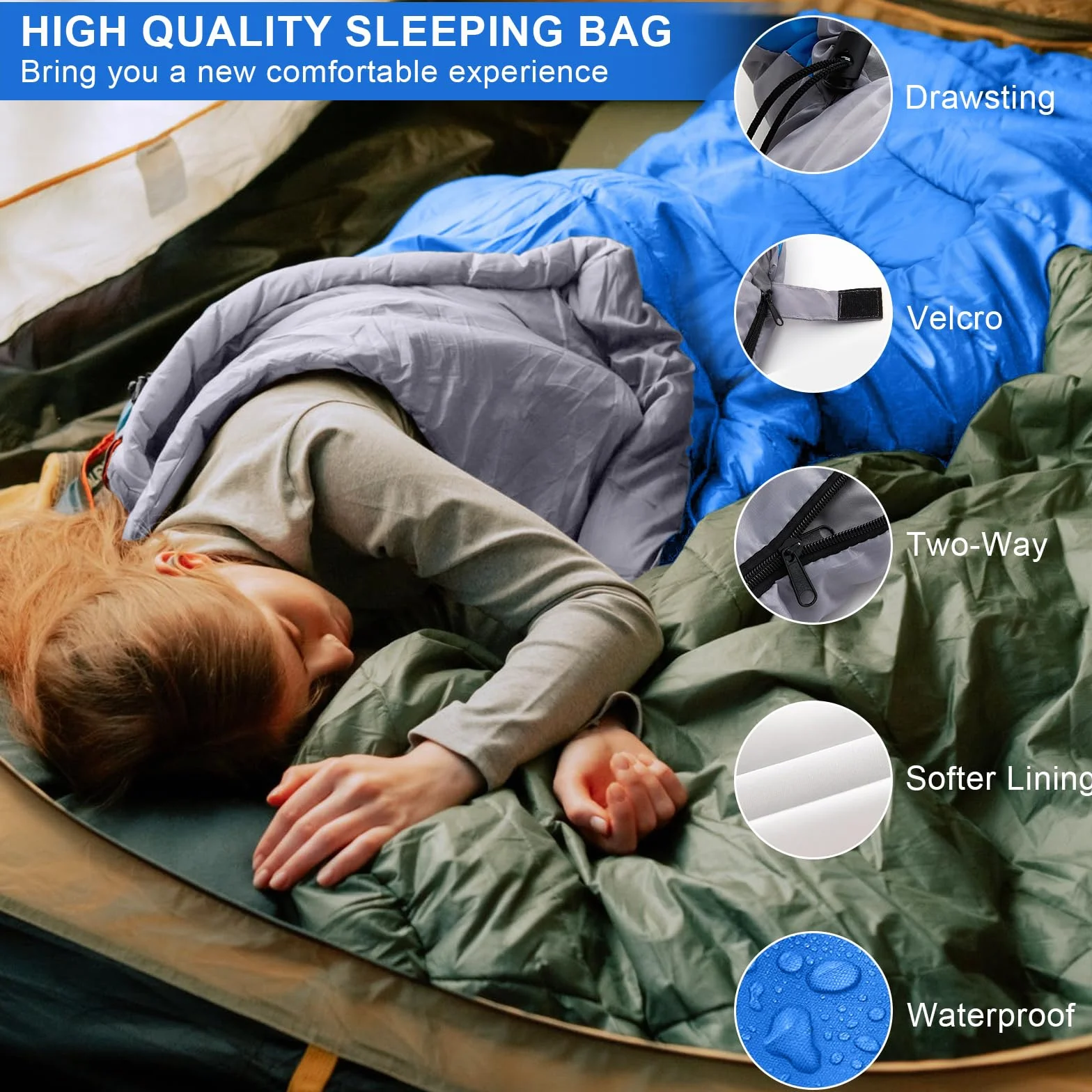 Sac de Couchage Adulte Enfant pour 3-4 Saisons, Imperméable et Compact, Adapté pour l'intérieur et l'extérieur, Camping et Randonnée