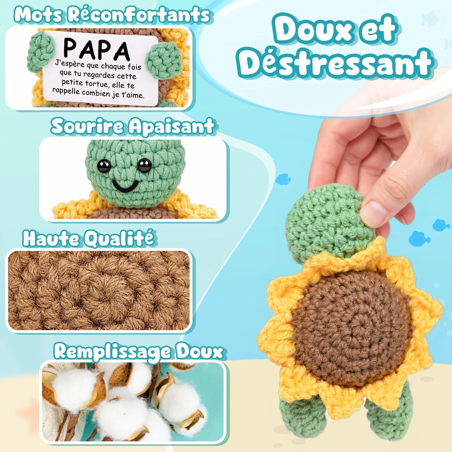 CheriGift Cadeau Fête des Pères Tortue en Crochet Main avec Carapace en Tournesol 10x7x5cm