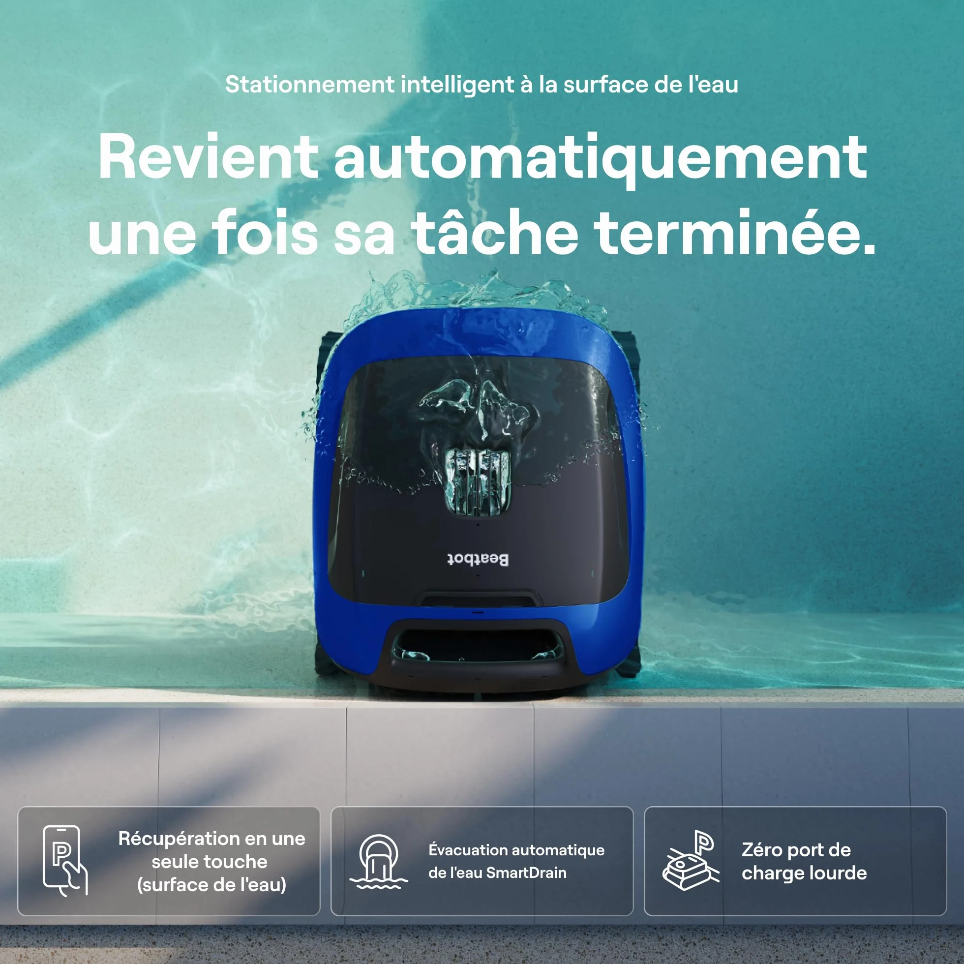 Beatbot Sora 30 Robot Piscine sans Fil, Nettoyage 3-en-1 Fond/Parois/Ligne d'eau, Filtre 5L, Aspirateur Connecté Bleu