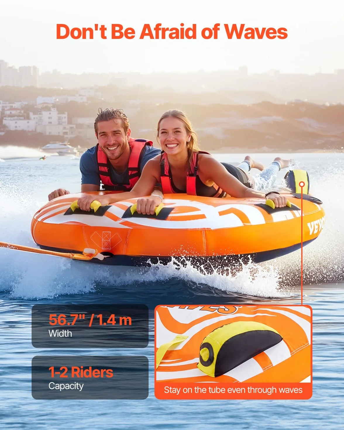 VEVOR Bouée Tractée Gonflable pour Tubing Bateaux, Bouée de Jeux Aquatiques pour 1-2 Passagers, Capacité de Charge de 154 kg, avec Ailerons, Housse en Nylon à Double Couture et Poignées Rembourrées