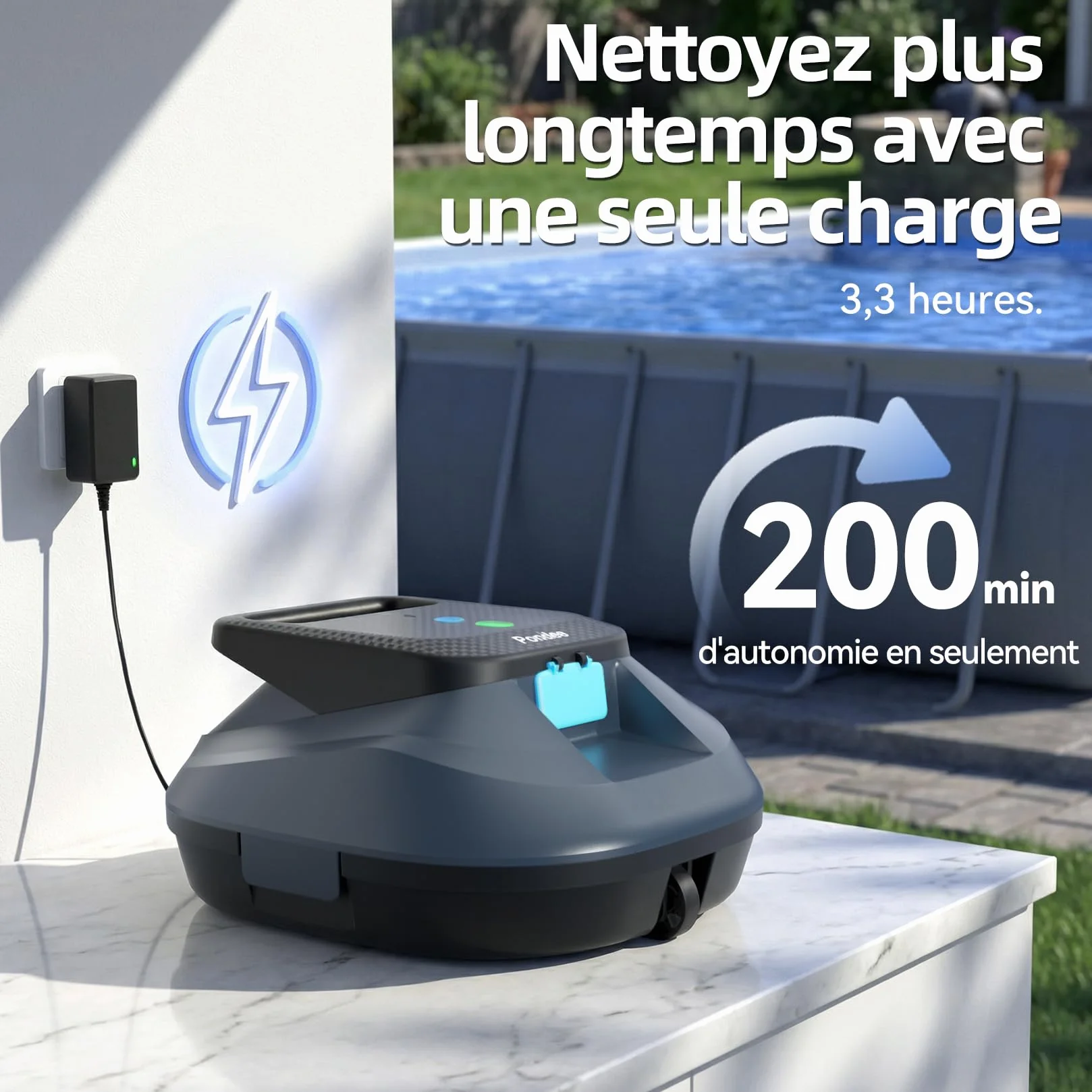 Pondee X2 Robot Piscine sans Fil 200 Min Autonomie Aspirateur Piscine Hors Sol 120 m²