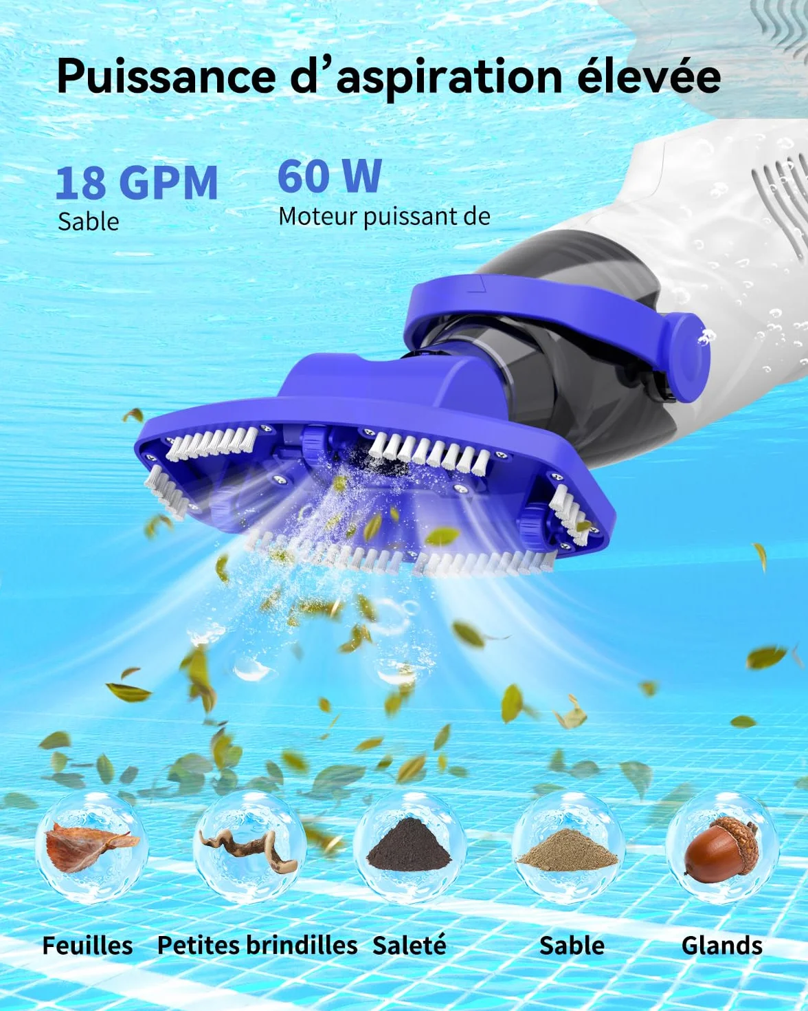 Aspirateur Piscine Manuel 60 Min Autonomie avec Filtres et Brosse pour Piscine Spa Jacuzzi