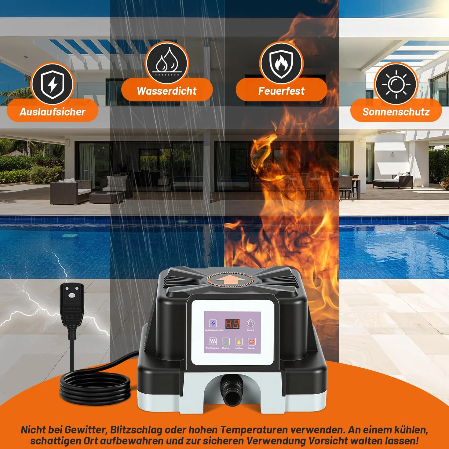 Chauffage de piscine électrique 3 kW, protection FI, anti-basculement, affichage numérique, étanche, pour piscines hors sol 3 m³, raccord 32-38 mm