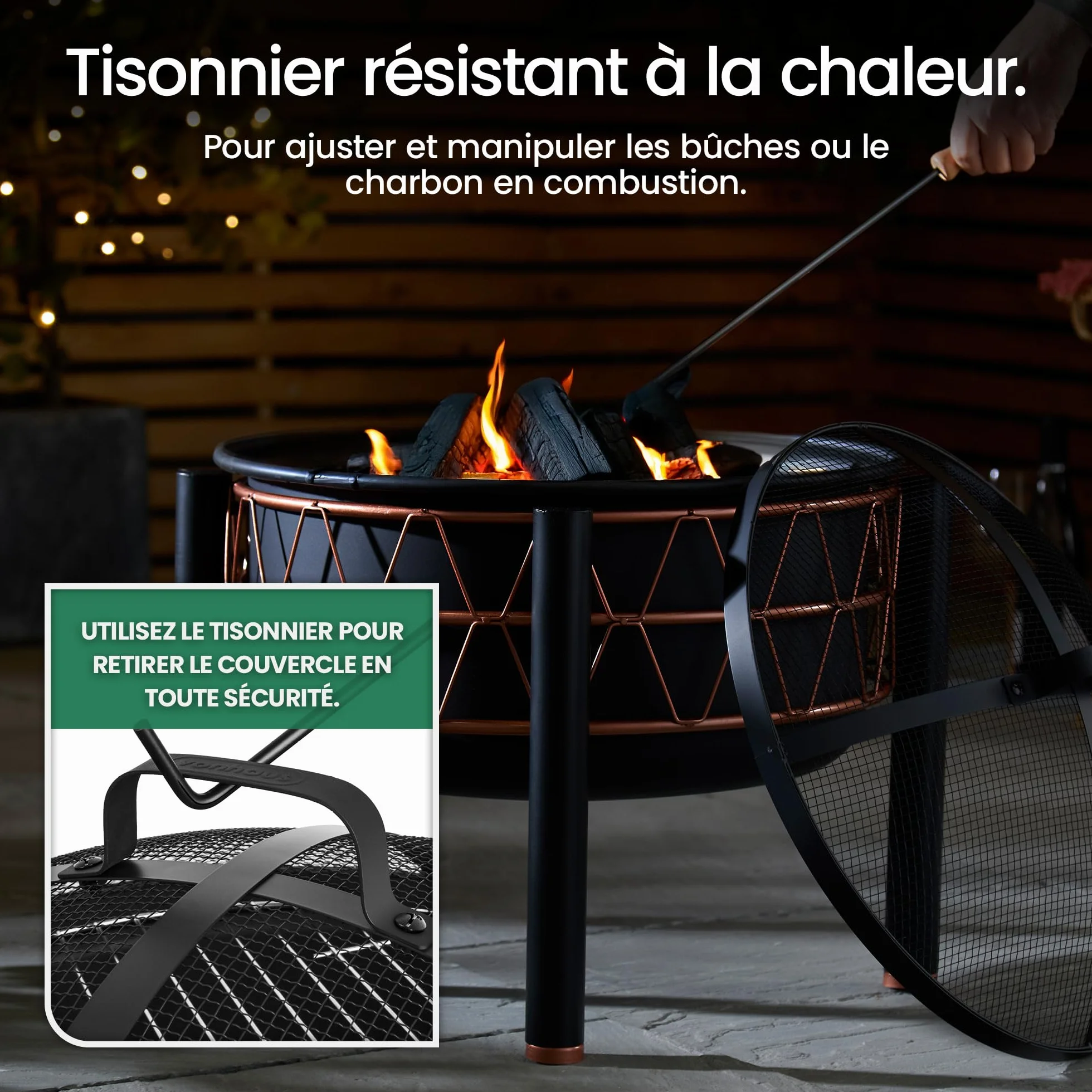 VonHaus Brasero 2-en-1 avec Grille BBQ Jardin Terrasse Extérieur Acier Noir Détail Cuivre Tisonnier Couvercle Maille Inclus Bois Charbon