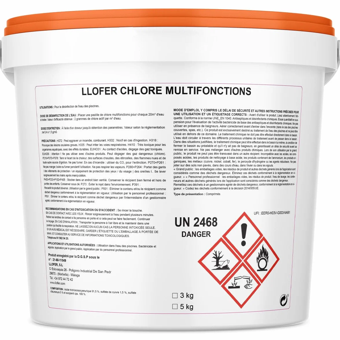 Chlore Multifonction en Galet 250g-5kg Désinfection Longue Durée 7 en 1 Haute Teneur 92% Fabriqué en Europe