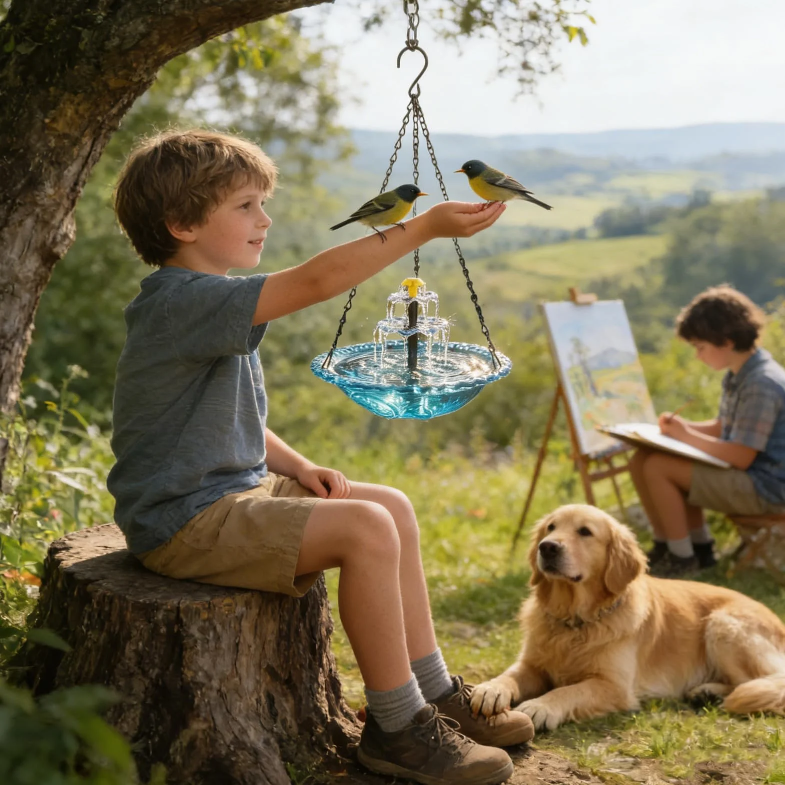 Fontaine Solaire Suspendue pour Oiseaux, Bain d'oiseaux D'extérieur avec Mangeoire Automatique