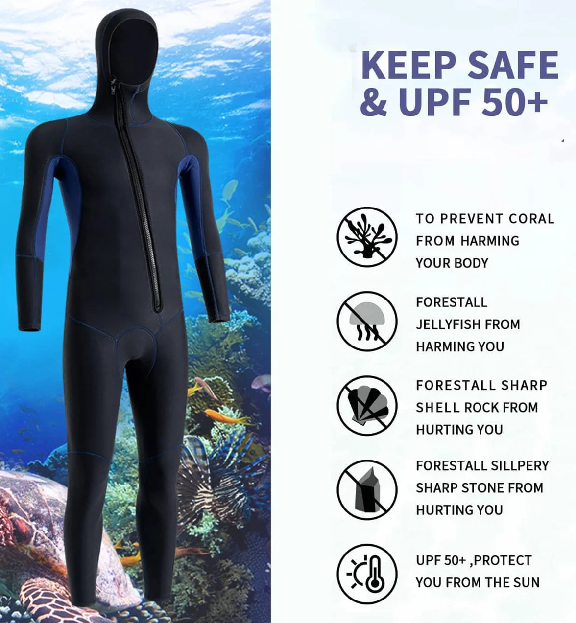 scosao 3mm Combinaison de Cagoule Néoprène Combinaisons de Plongée pour Hommes Peau de Plongée Une Pièce Manches Longues Fermeture Éclair Avant Thermique Maillots de Bain pour Plongée Natation Surf