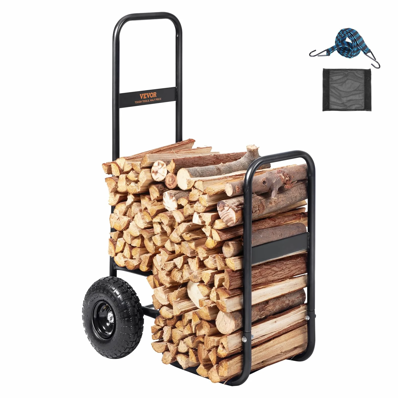 VEVOR Chariot Transport Bois de Chauffage 113,4 kg Acier 67x52x110 cm Roues Gonflables Caoutchouc Noir