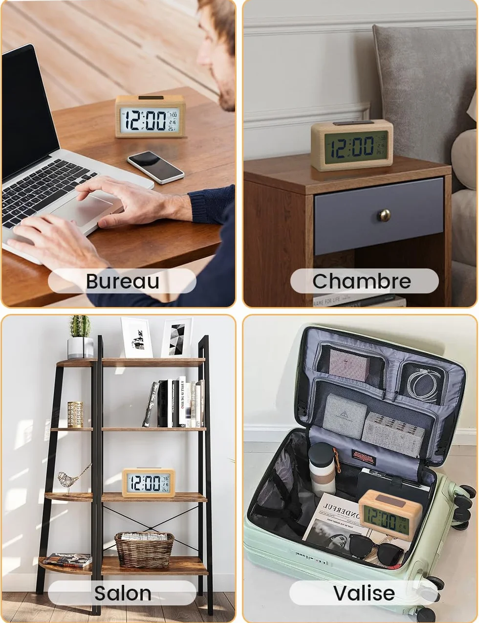 aboveClock Réveil Numérique en Bois avec LCD, Date, Température, Snooze, Alimenté par Piles AAA