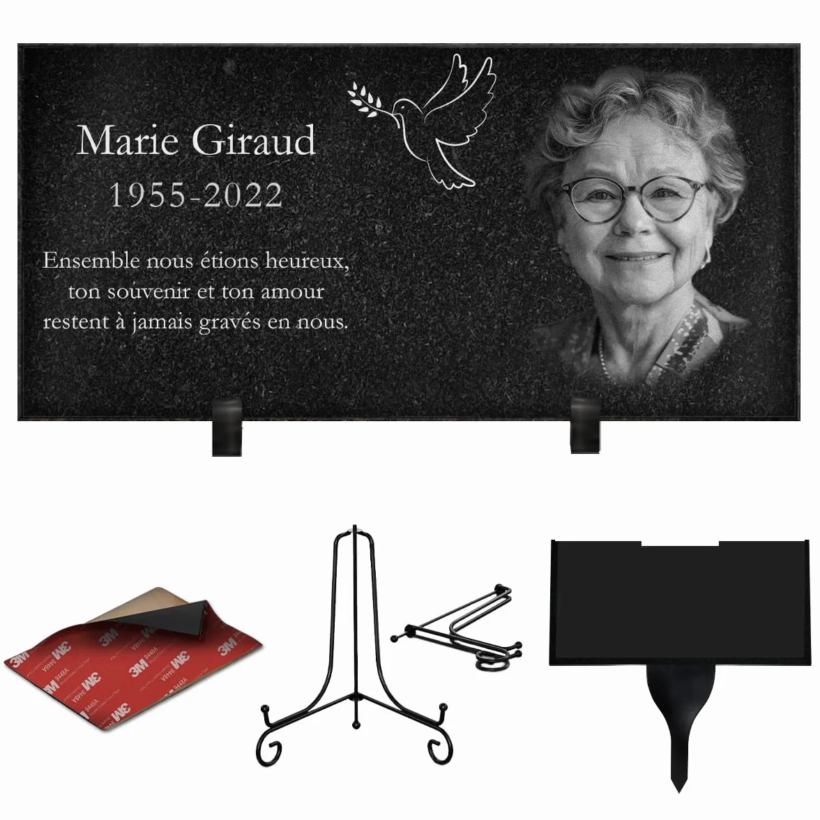 ETERNEL Plaque Funéraire Personnalisée Multisupports Colombe Ardoise Granit Photo Texte au Choix Cimetière