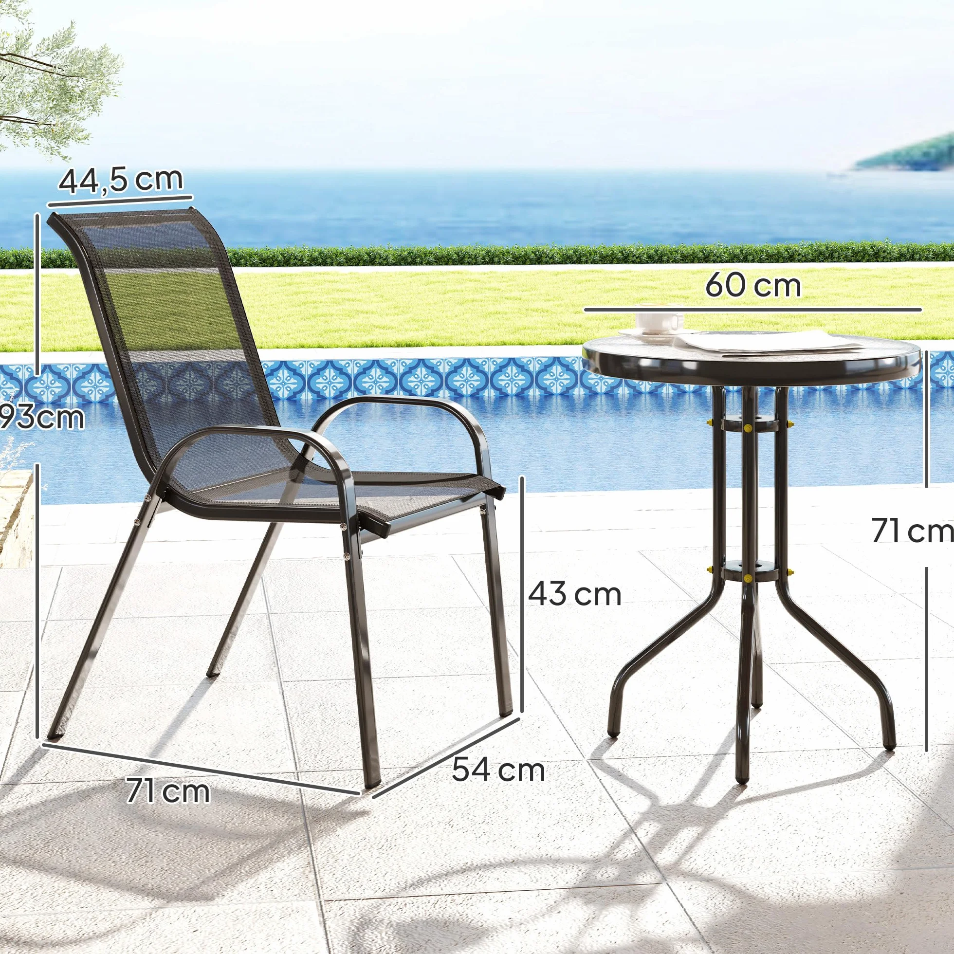 Outsunny 3 pièces Salon de Jardin extérieur Ensemble Meubles 2 fauteuils empilables Table Basse Verre trempé Tissu textilène Noir