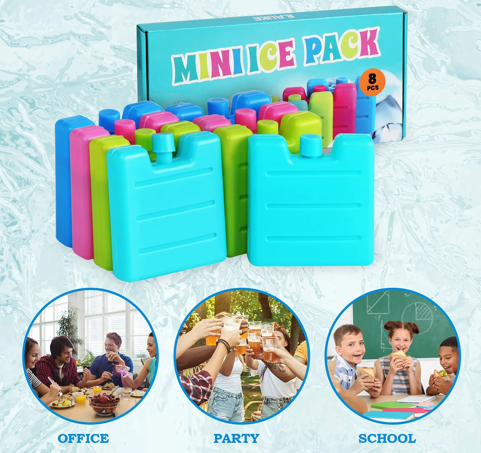 Lot de 8 Mini Pains de Glace Blocs Réfrigérants 7.5x7x1.5 cm 65g Sac de Congélation Réutilisables pour Glacière