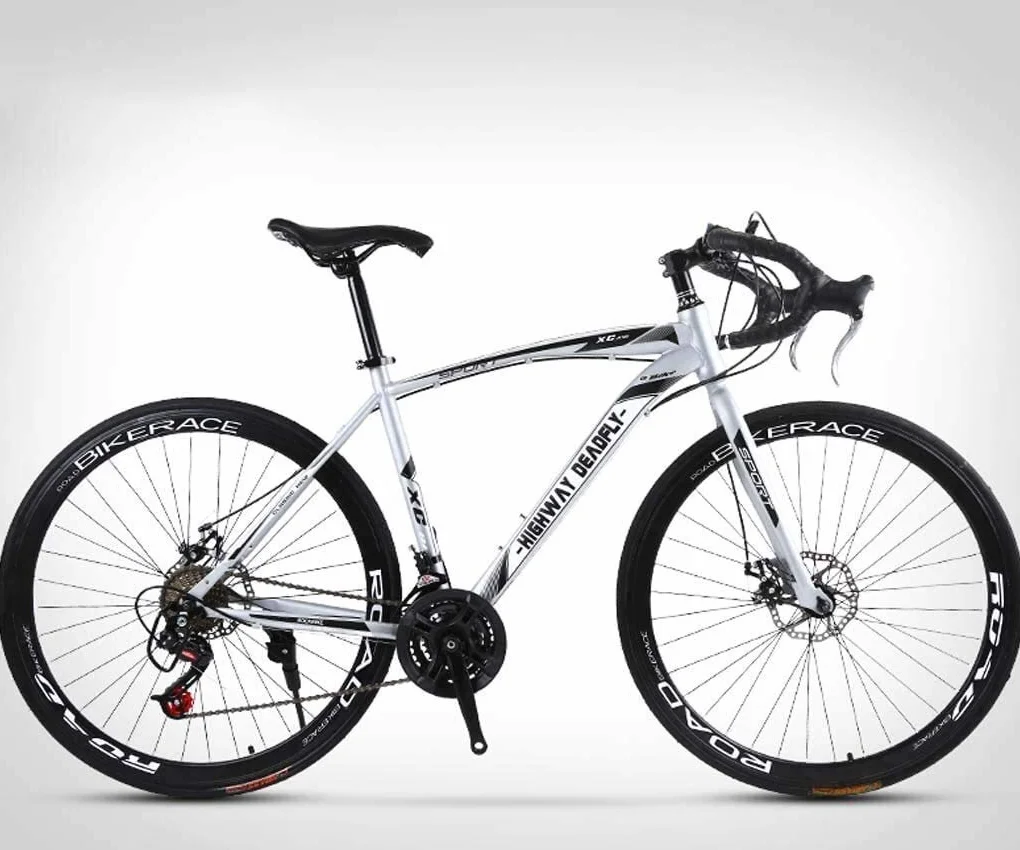Vélo de Route 26 Pouces 24 Vitesses Freins à Double Disque Cadre en Acier Haute Teneur en Carbone Blanc/Argent