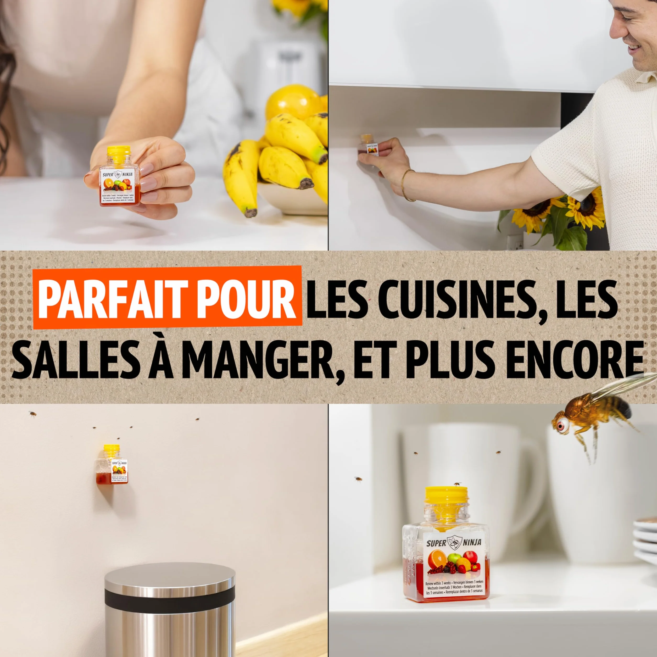 Pièges Anti Moucherons d'Intérieur Cuisine Lot de 4 – 3 Semaines d’Action, Sûr pour Enfants et Animaux